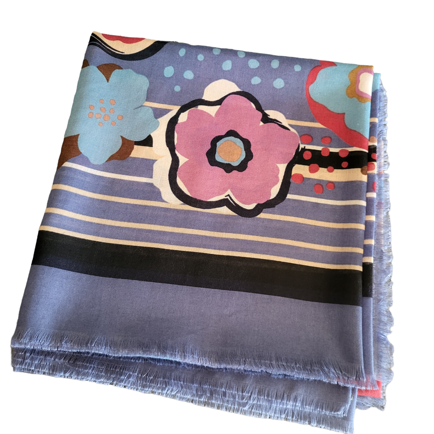 Denim - Slightly shiny Soft fringes tichel - colored flowers pattern