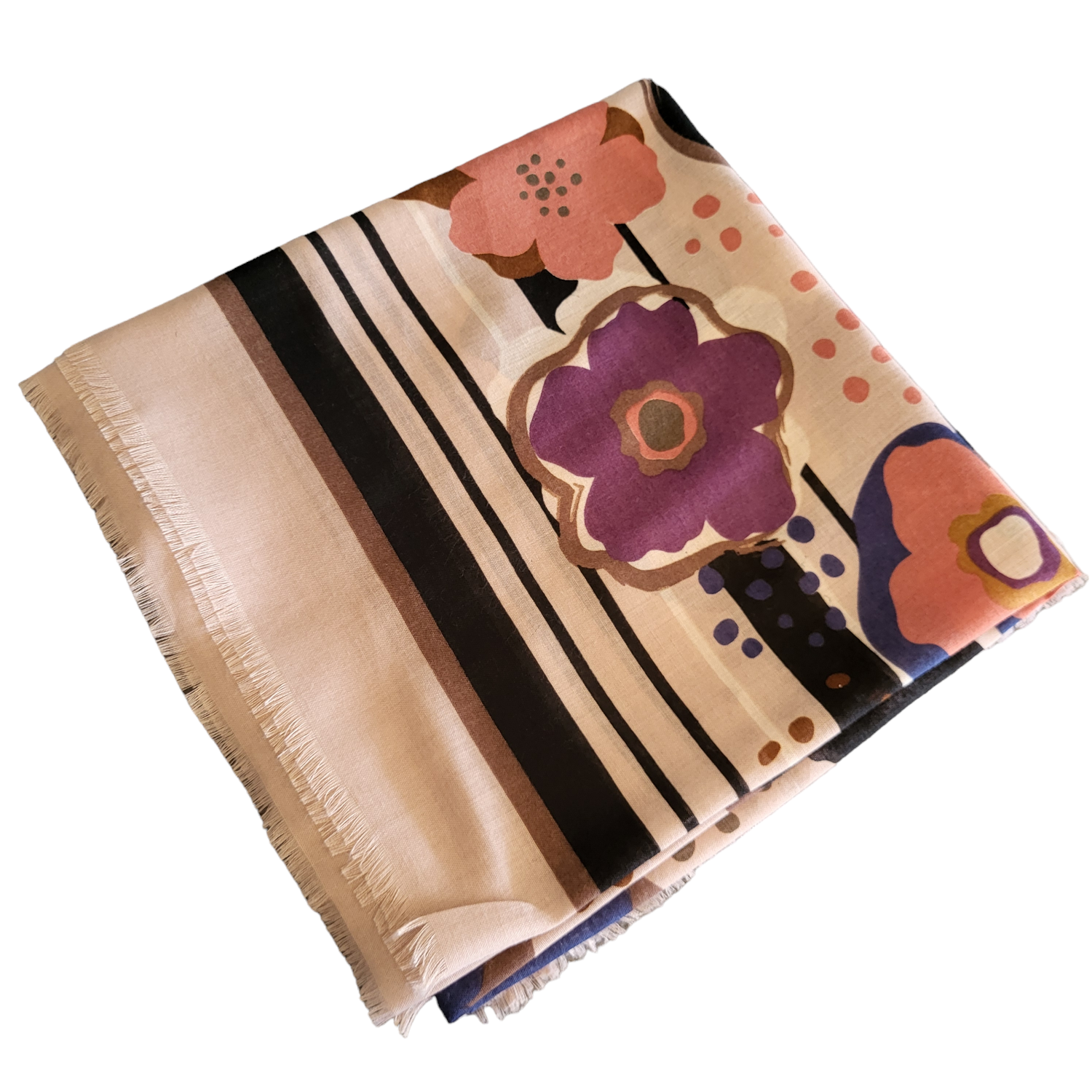 Pinkish beige - Slightly shiny Soft fringes tichel - colored flowers pattern