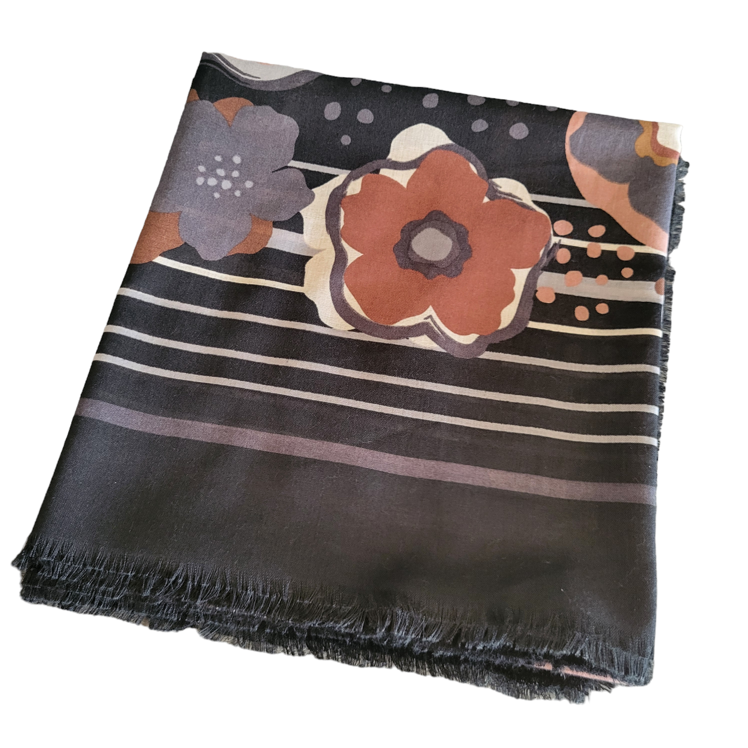 Black - Slightly shiny Soft fringes tichel - colored flowers pattern