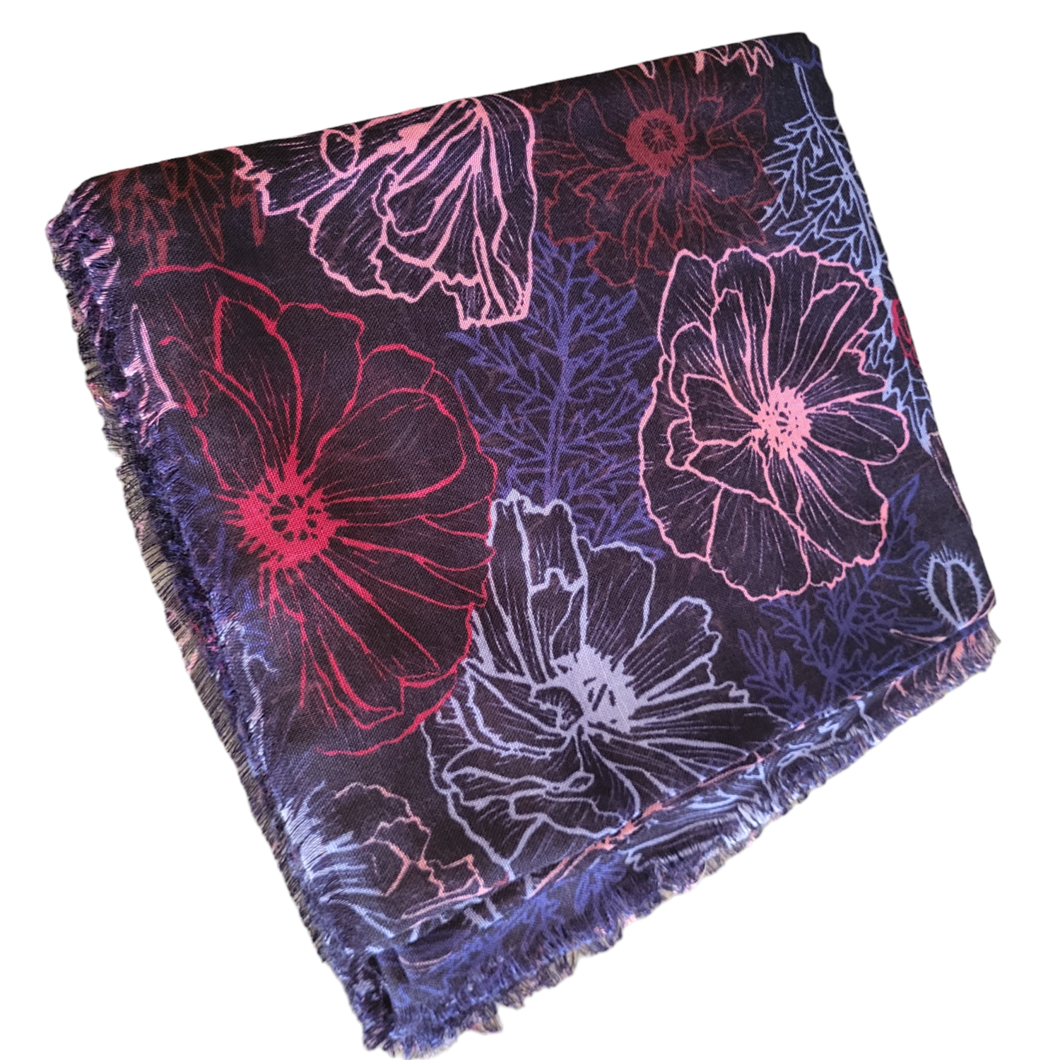 Navy - Soft fringes tichel - flowers pattern