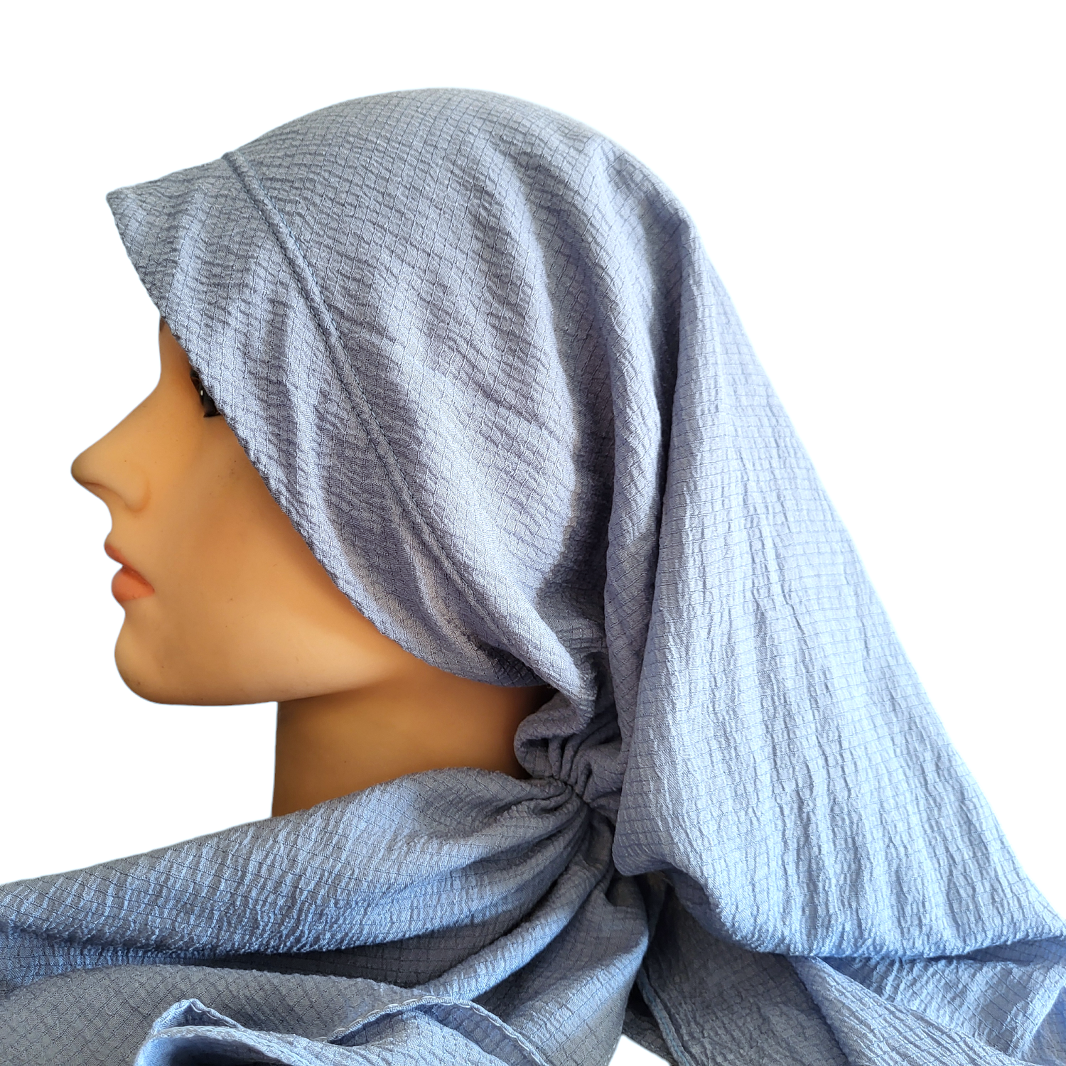 Solid light blue denim textured long back pre-tied kerchief w/band sewn in