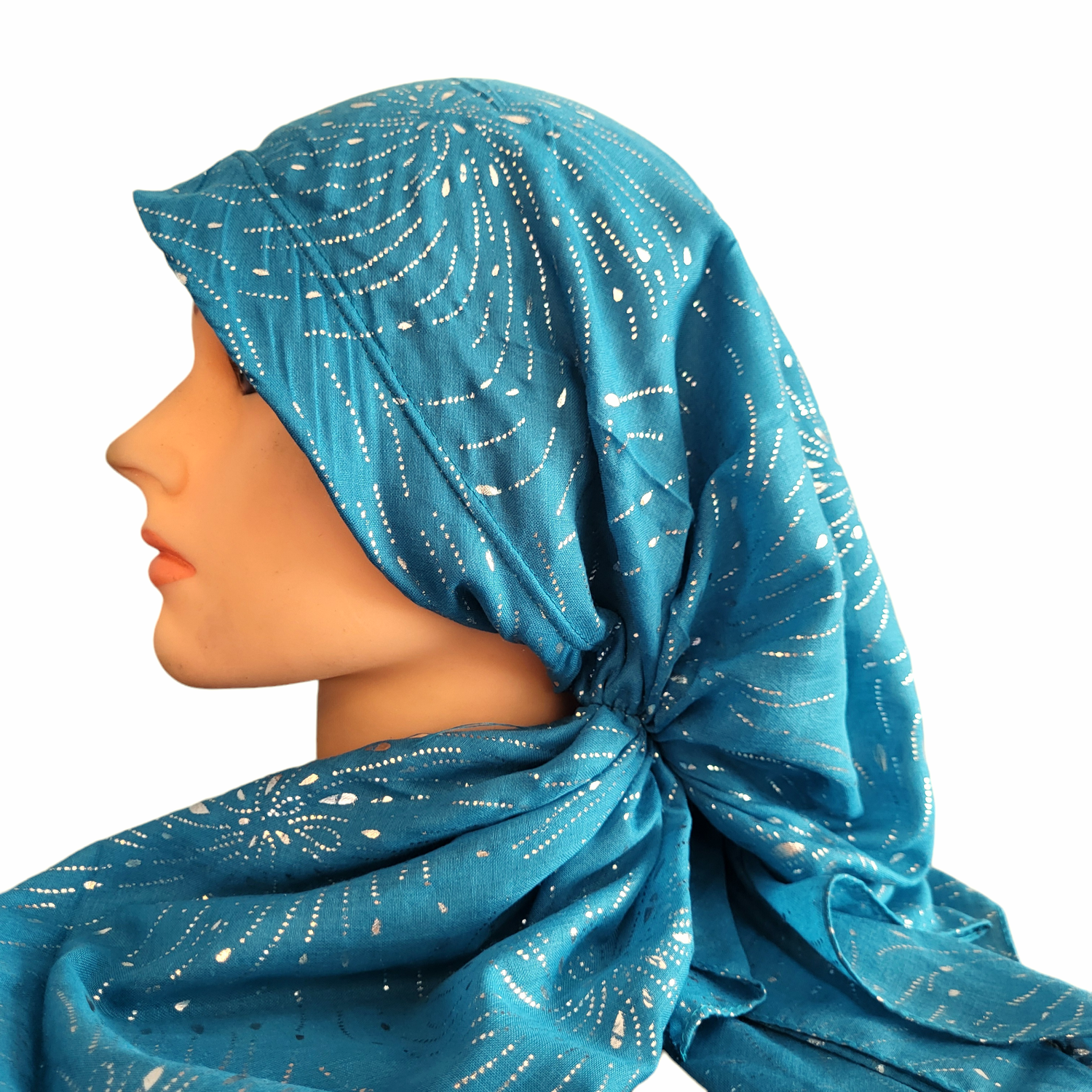 Aqua/silver - long back pre-tied kerchief w/band sewn in - thin metallic material