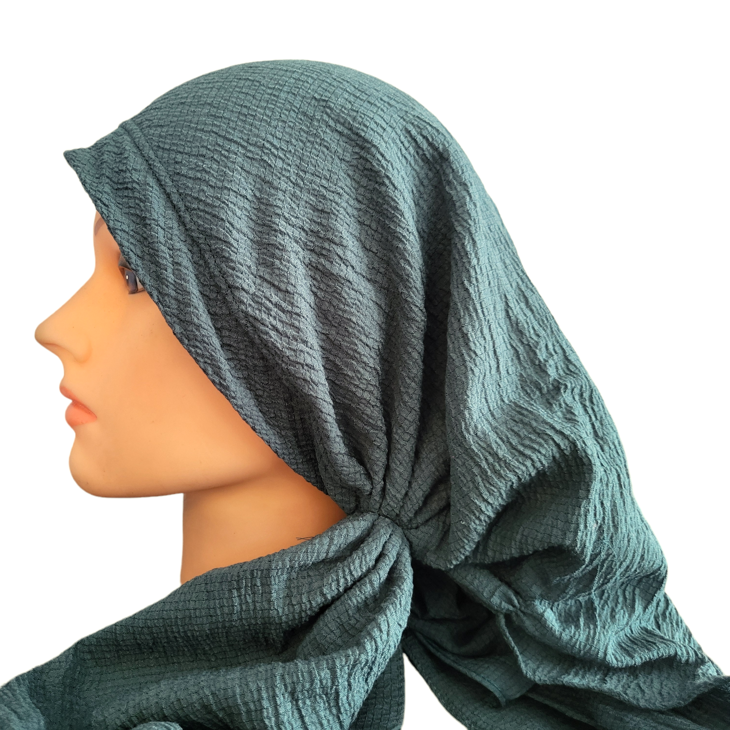 Solid dark teal textured long back pre-tied kerchief w/band sewn in