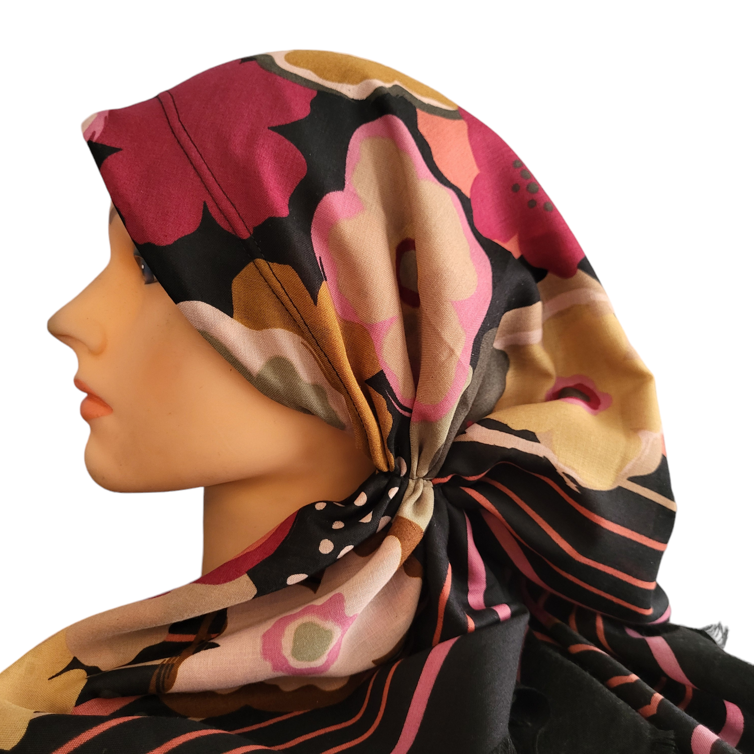 Black n&#39; more flowers long back pre-tied kerchief w/band sewn in  -  thin fringed edges material