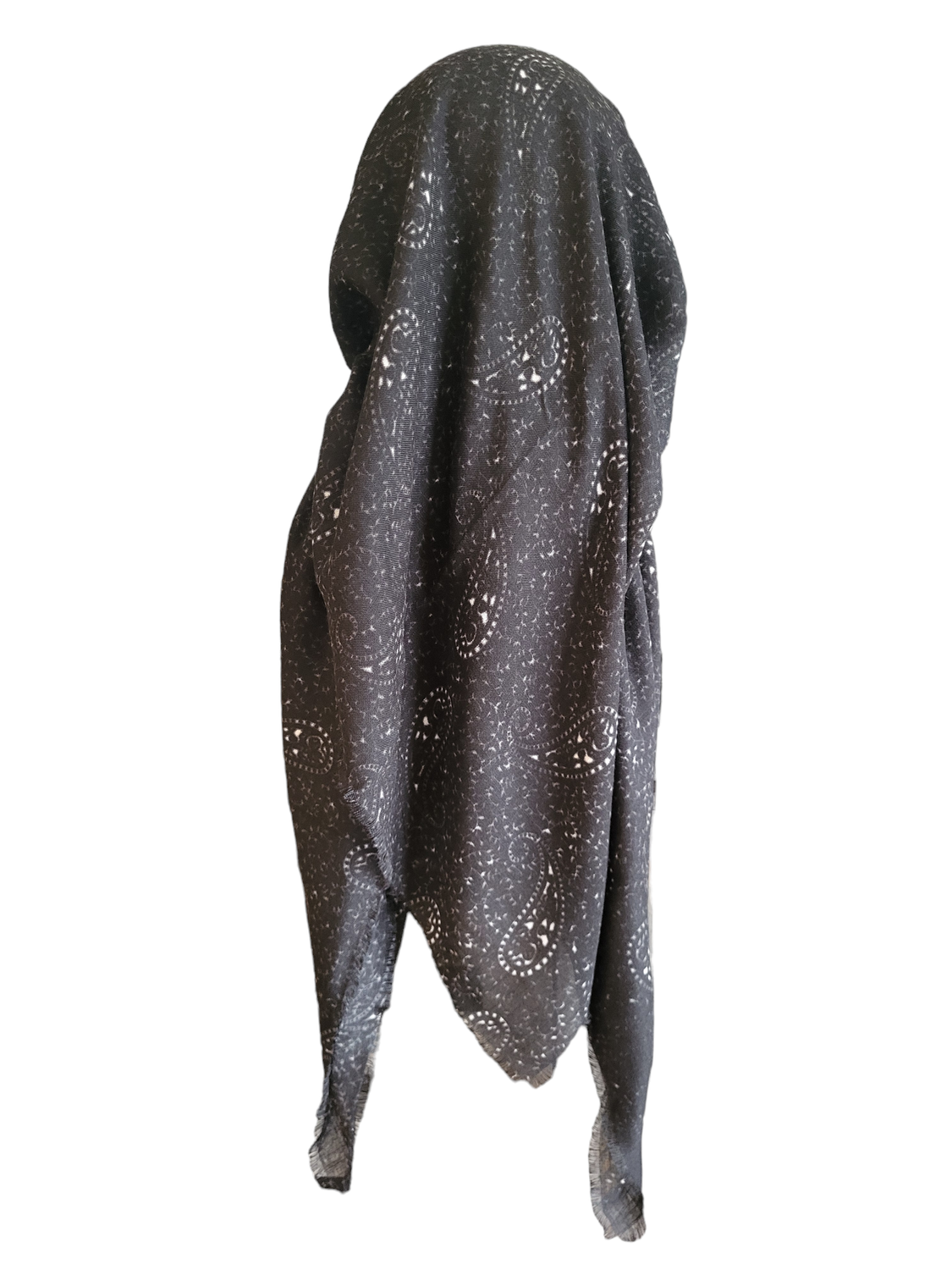 Black and white paisley - long back pre-tied kerchief w/band sewn in - soft fringe material