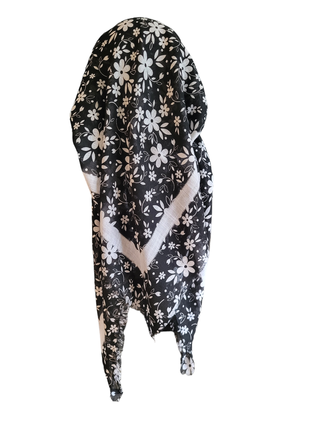 Black and white floral - long back pre-tied kerchief w/band sewn in - soft fringe material