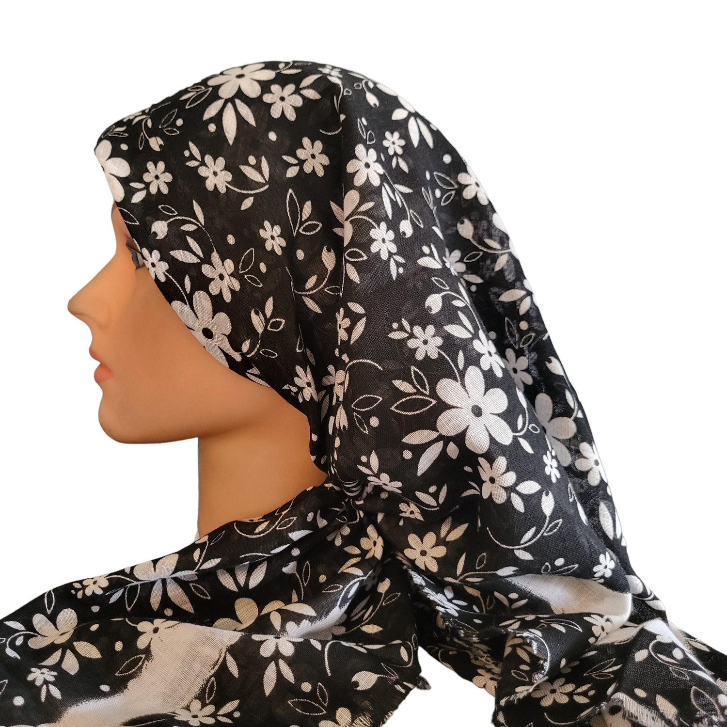 Black and white floral - long back pre-tied kerchief w/band sewn in - soft fringe material