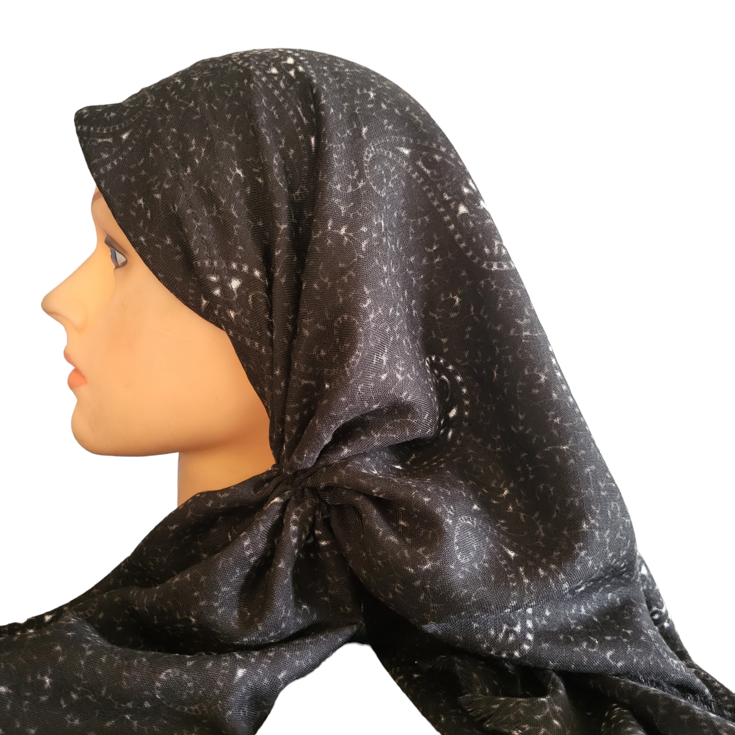 Black and white paisley - long back pre-tied kerchief w/band sewn in - soft fringe material
