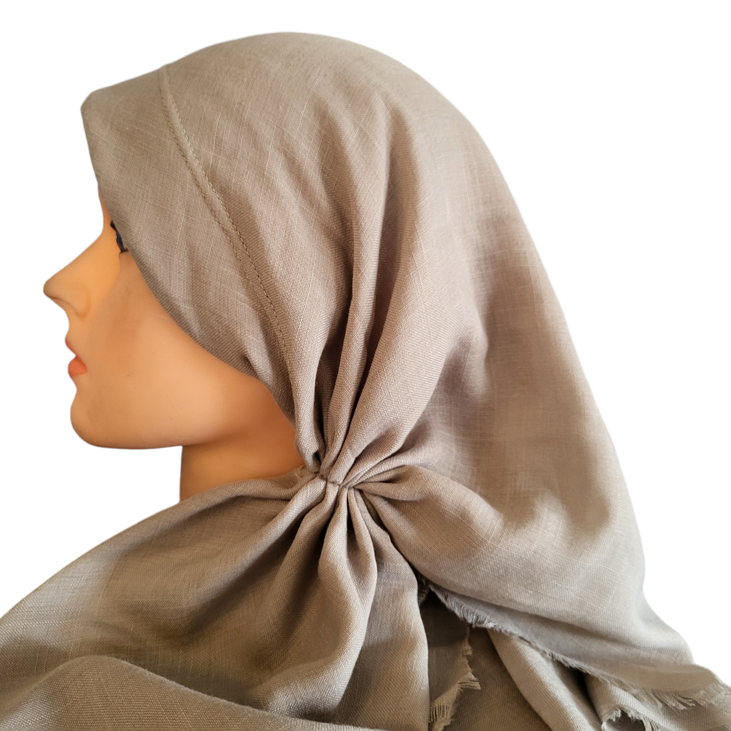 Taupe/gray solid - long back pre-tied kerchief w/band sewn in - soft fringe material