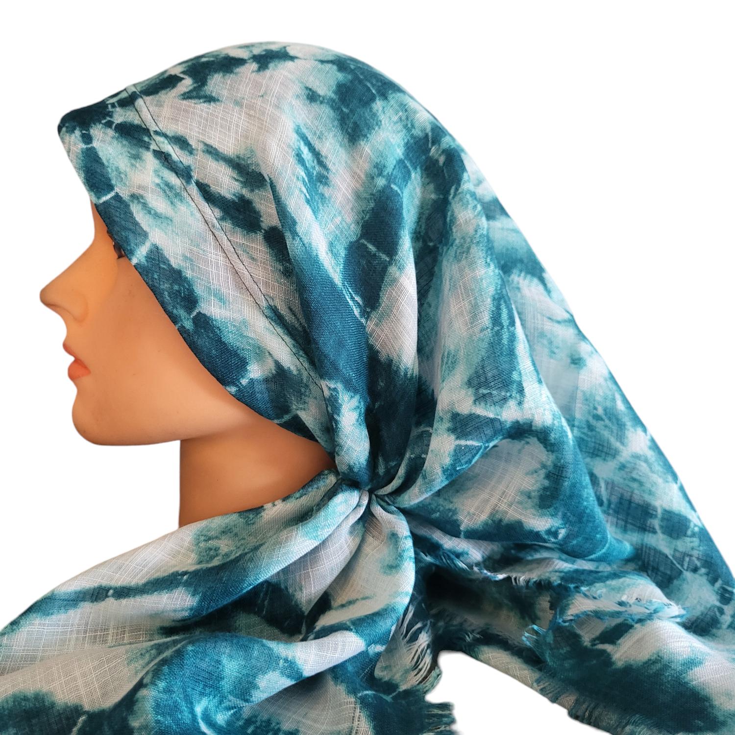 Sea green tie dyed - long back pre-tied kerchief w/band sewn in - soft fringe material