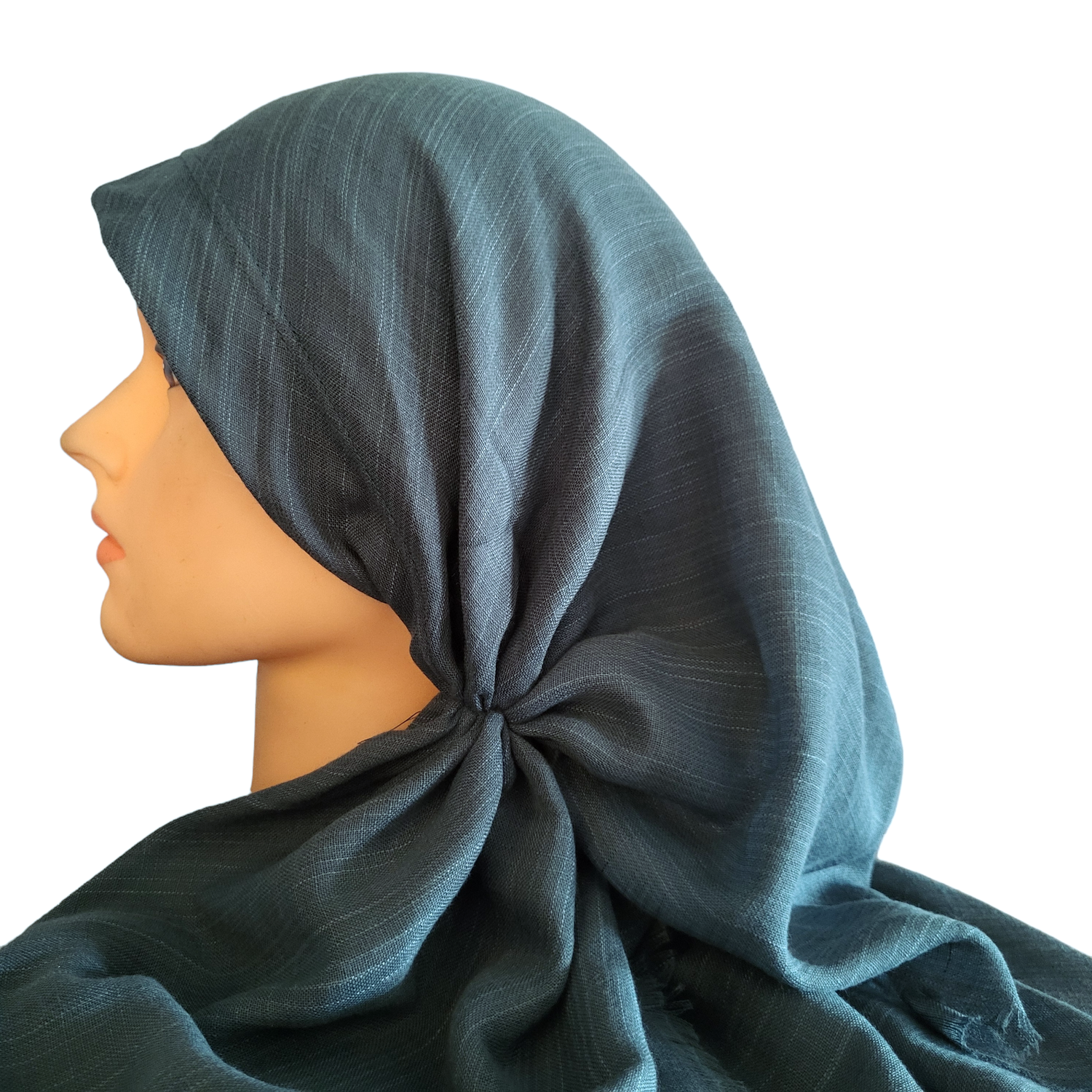 Dark teal solid - long back pre-tied kerchief w/band sewn in - soft fringe material