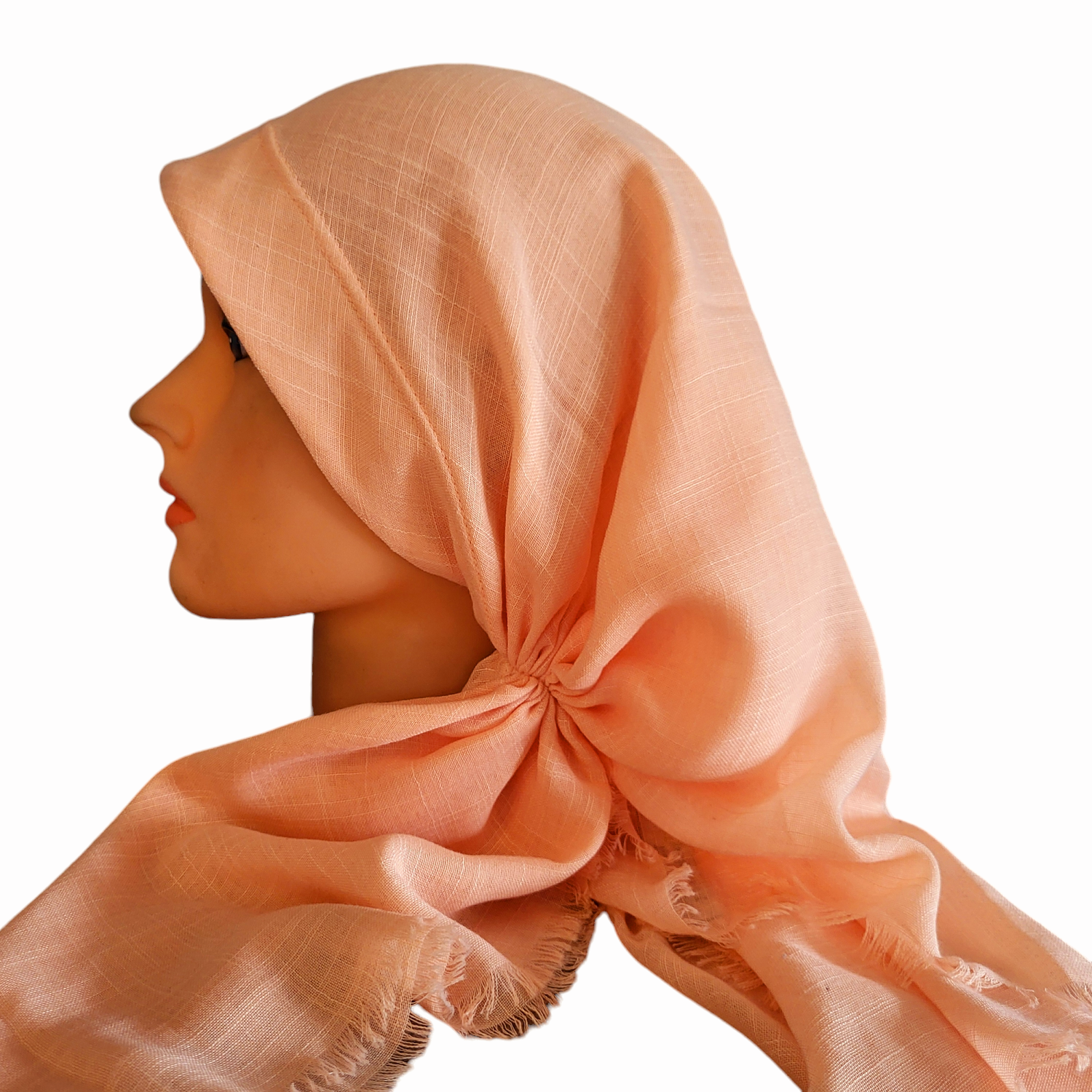 Peachy solid - long back pre-tied kerchief w/band sewn in - soft fringe material
