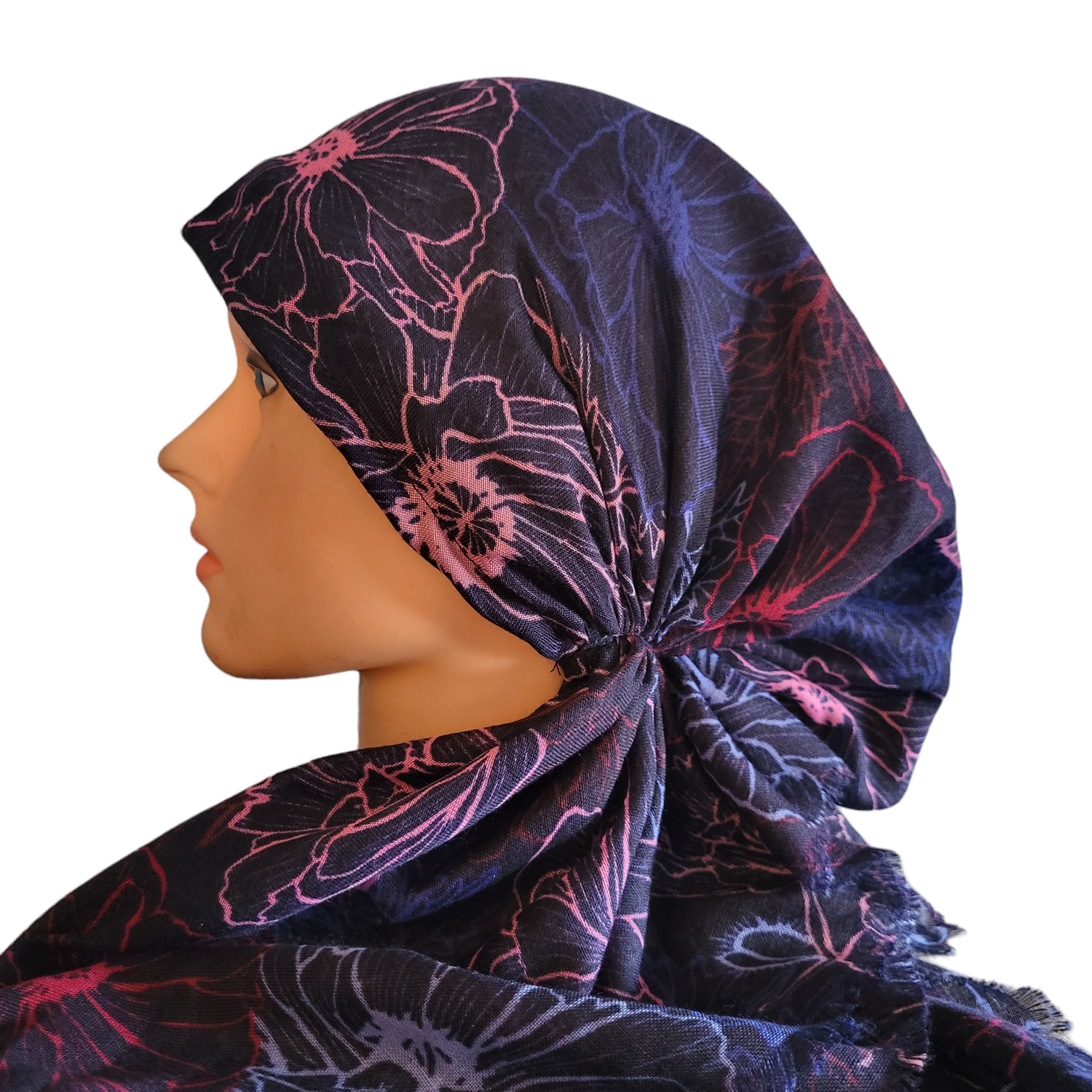 Navy flowers patterned - soft fringes pretied tichel