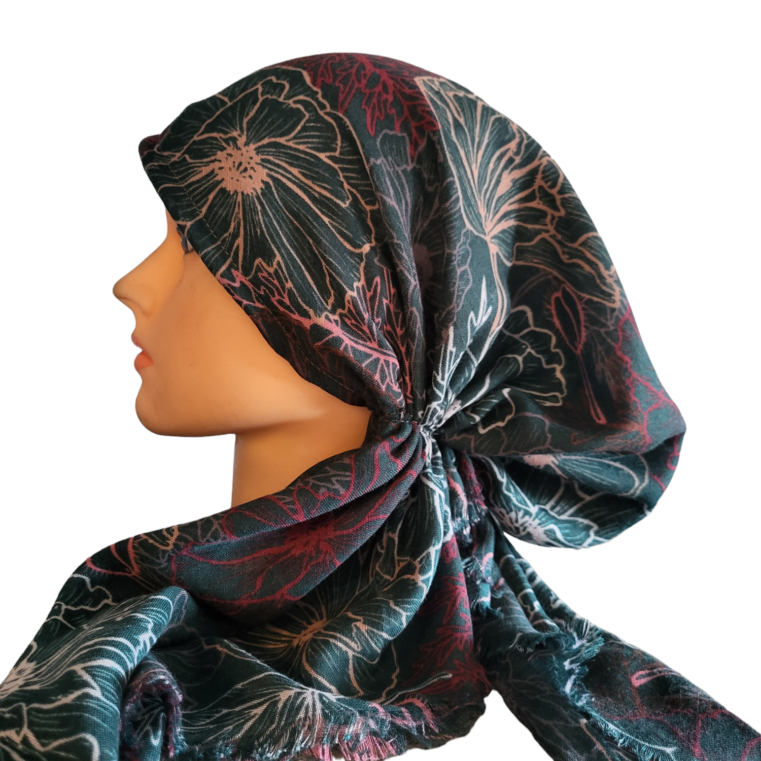 Green flowers patterned - soft fringes pretied tichel