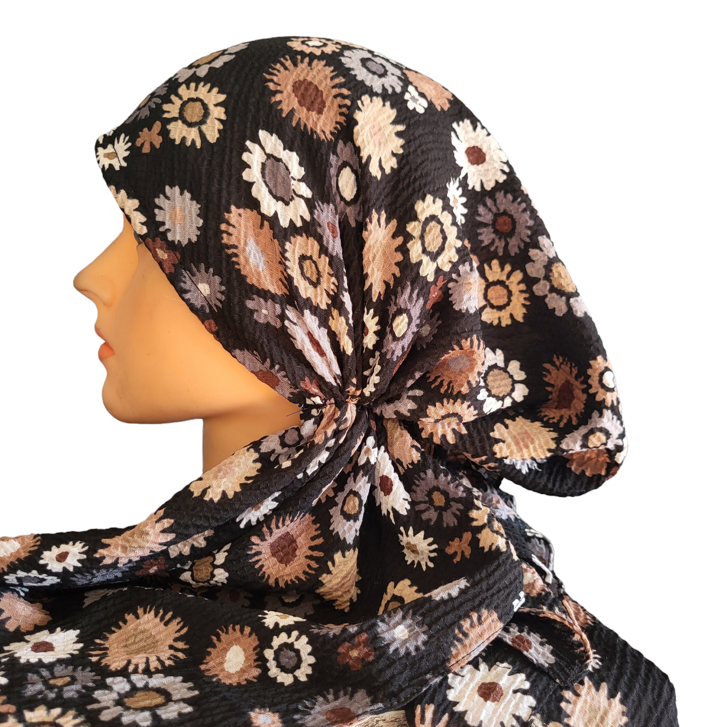 Black -  flowers - AWESOME soft gauzy pretied tichel