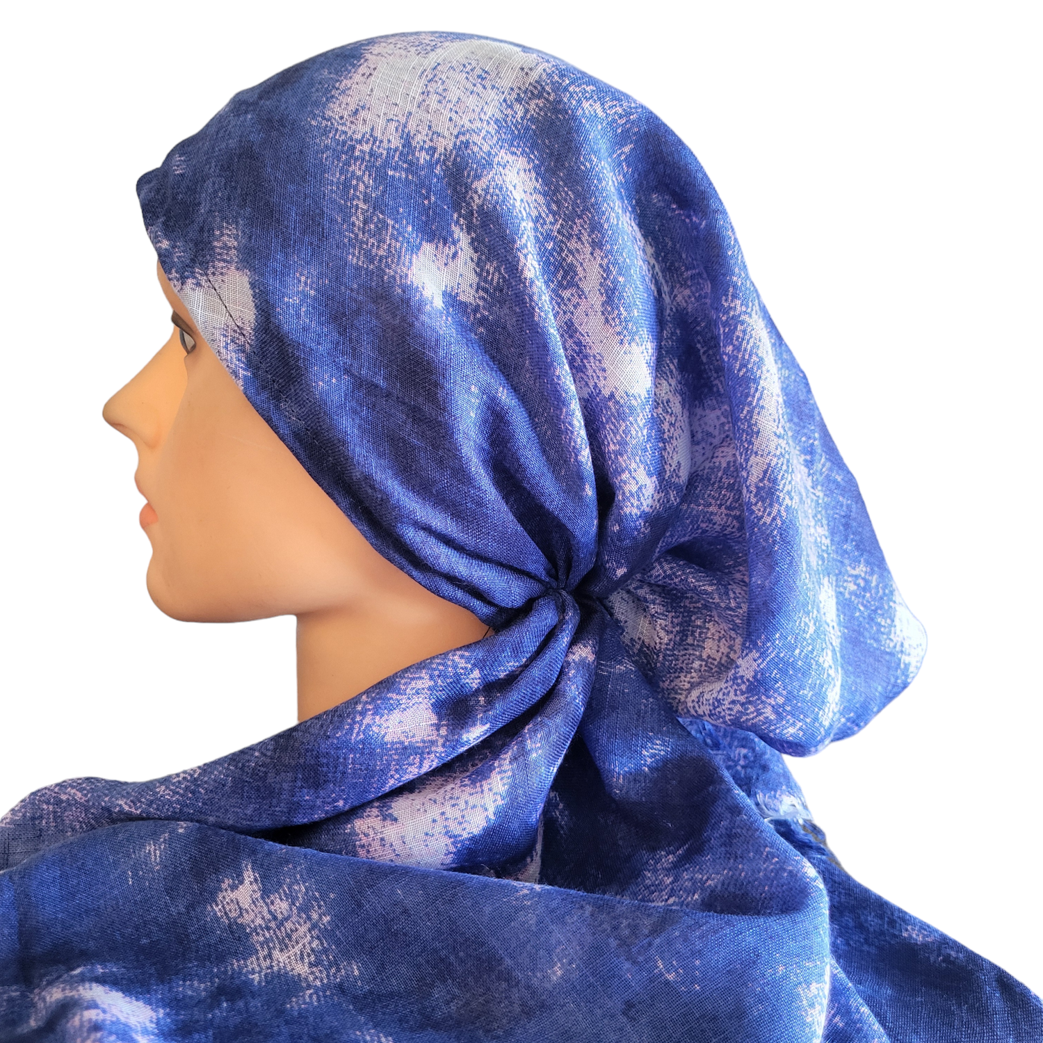Shades of bright blue with a hint of pink tie dyed - soft fringes pretied tichel