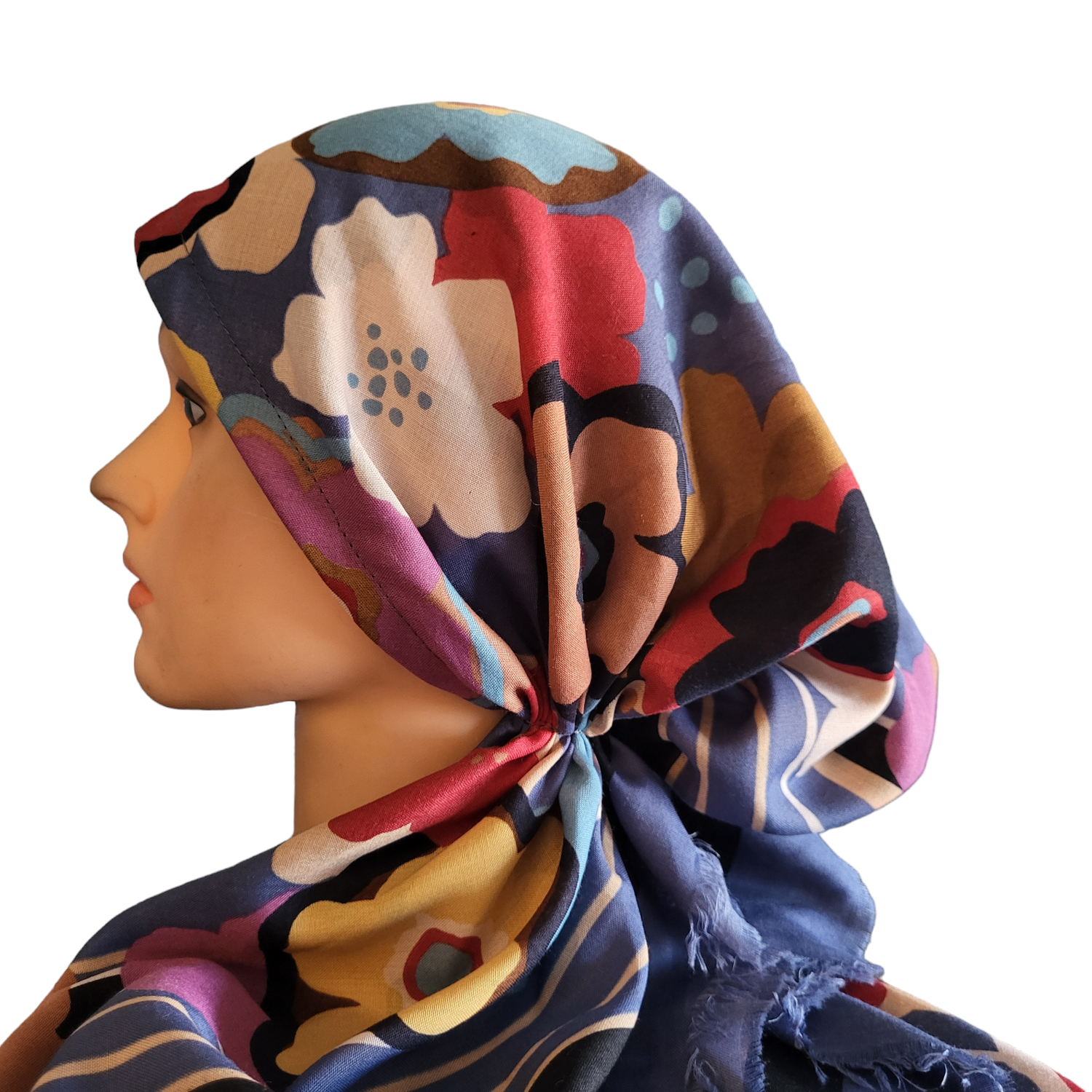 Denim colored  flower - slightly shiny soft fringes pretied tichel