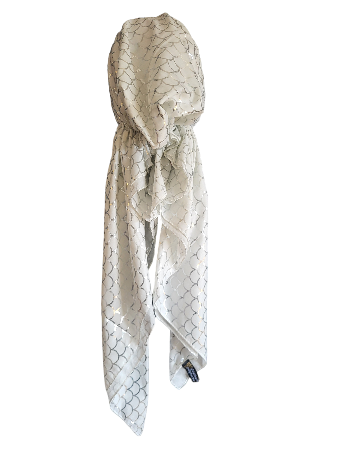 White - silver metallic scales patterned pretied tichel