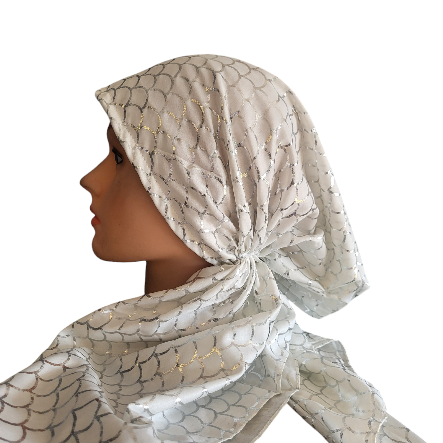 White - silver metallic scales patterned pretied tichel
