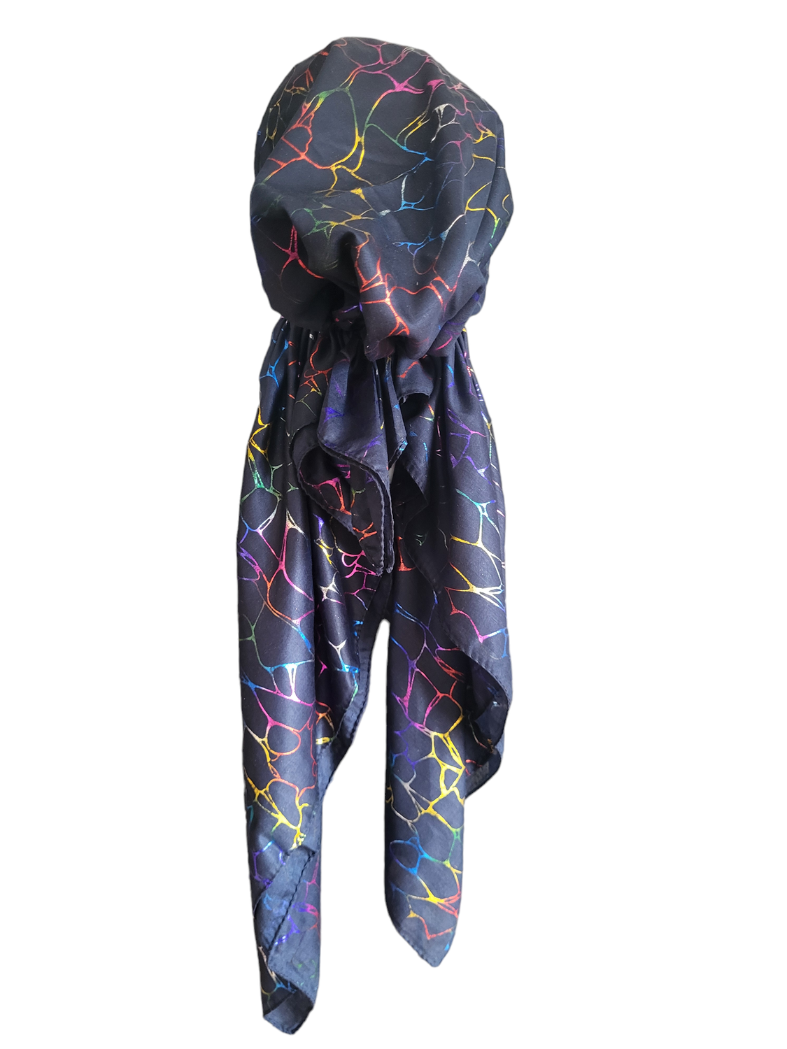 Navy/colorful patterned metallic pretied tichel