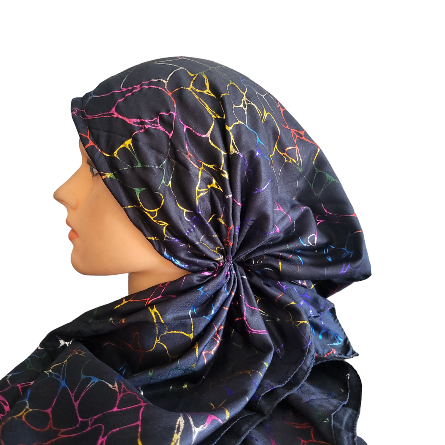 Navy/colorful patterned metallic pretied tichel