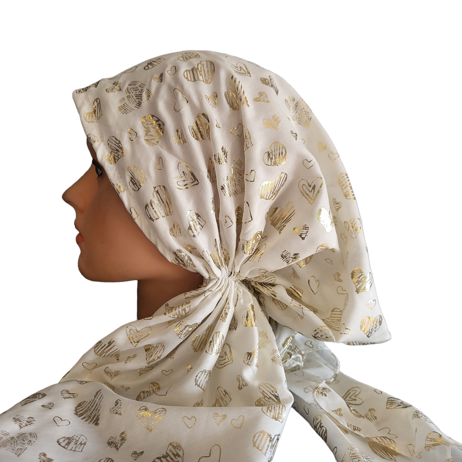 White - gold metallic hearts patterned pretied tichel