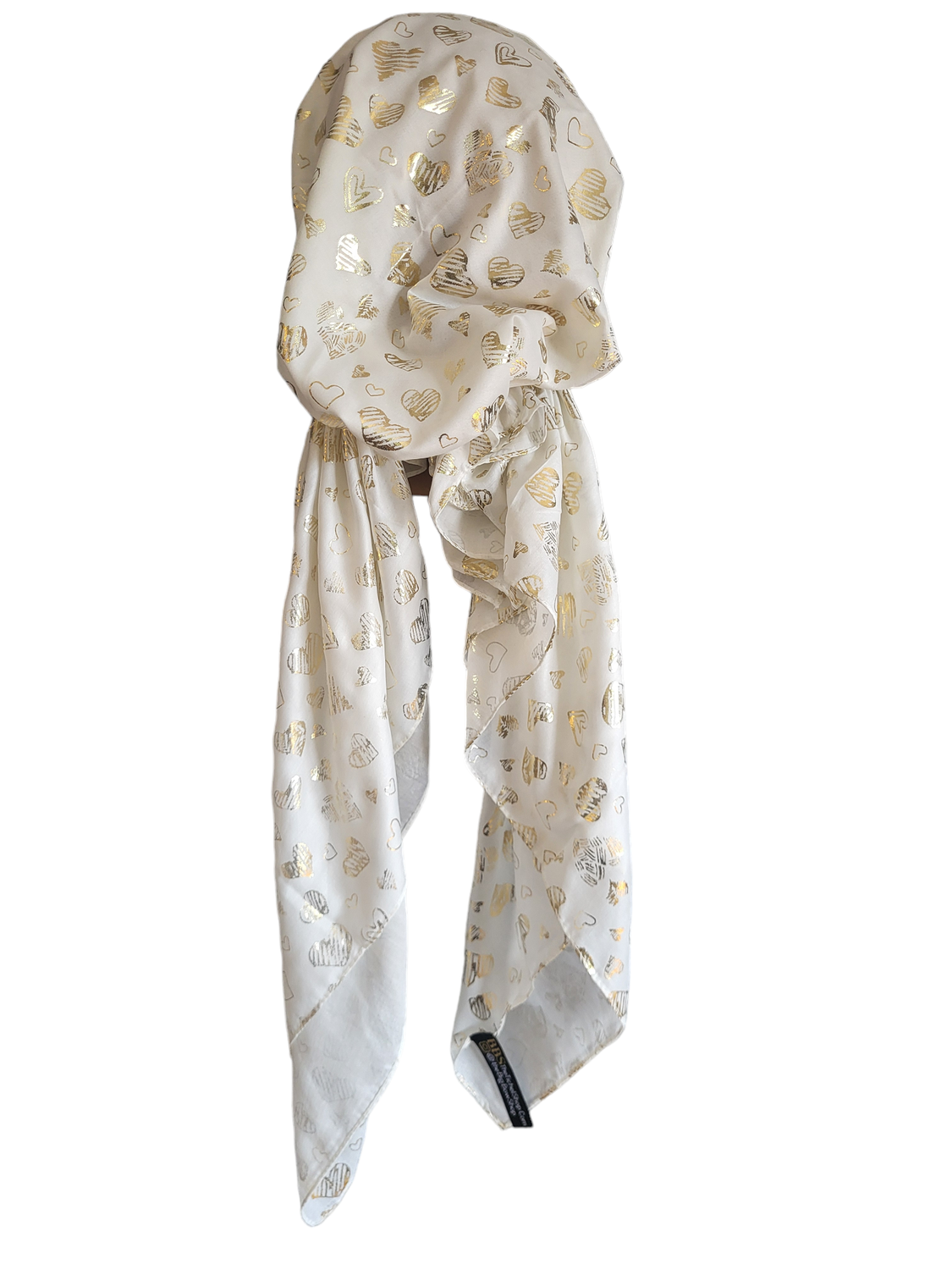 White - gold metallic hearts patterned pretied tichel