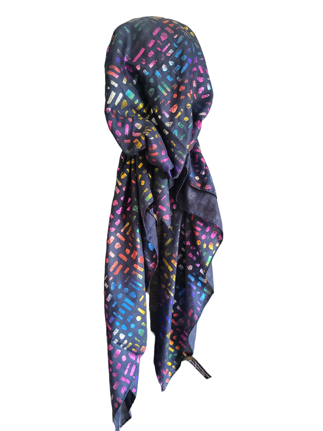 Navy/colorful shapes patterned metallic pretied tichel