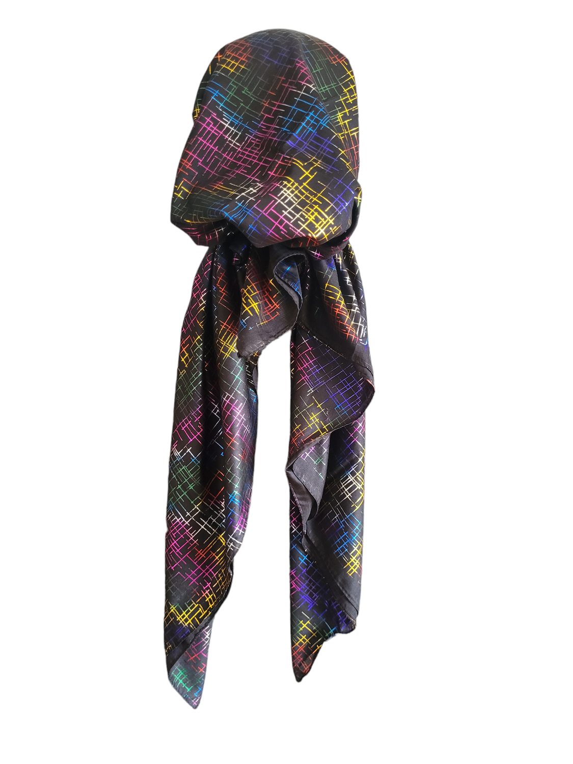 Black/colorful patterned metallic pretied tichel