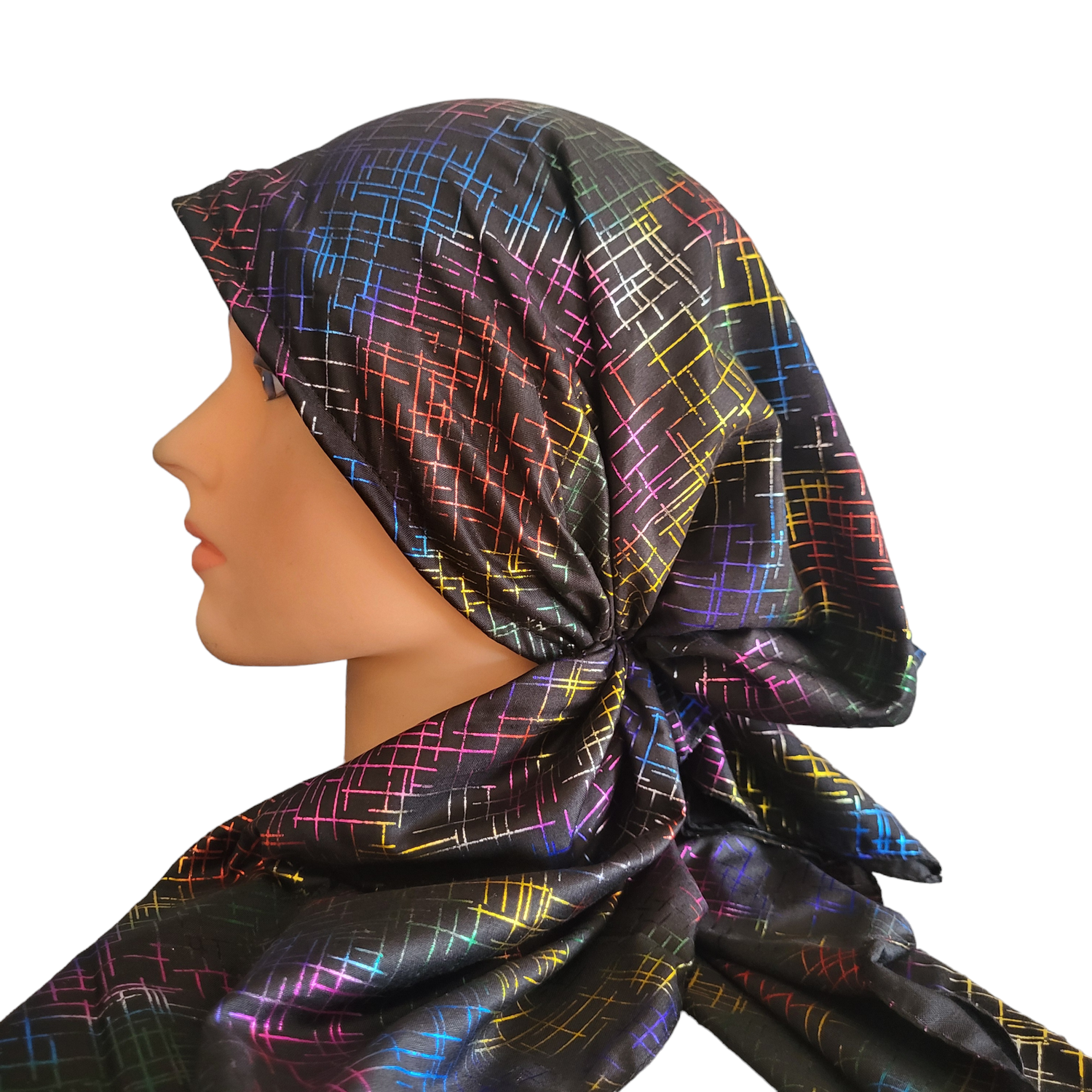 Black/colorful patterned metallic pretied tichel