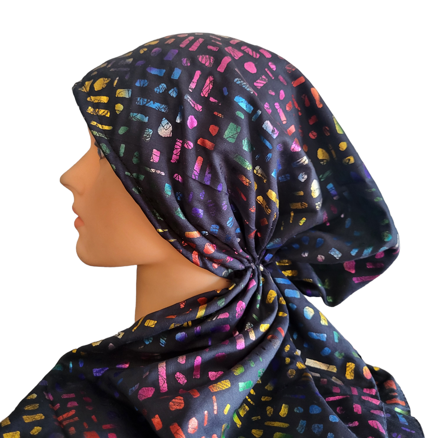 Navy/colorful shapes patterned metallic pretied tichel