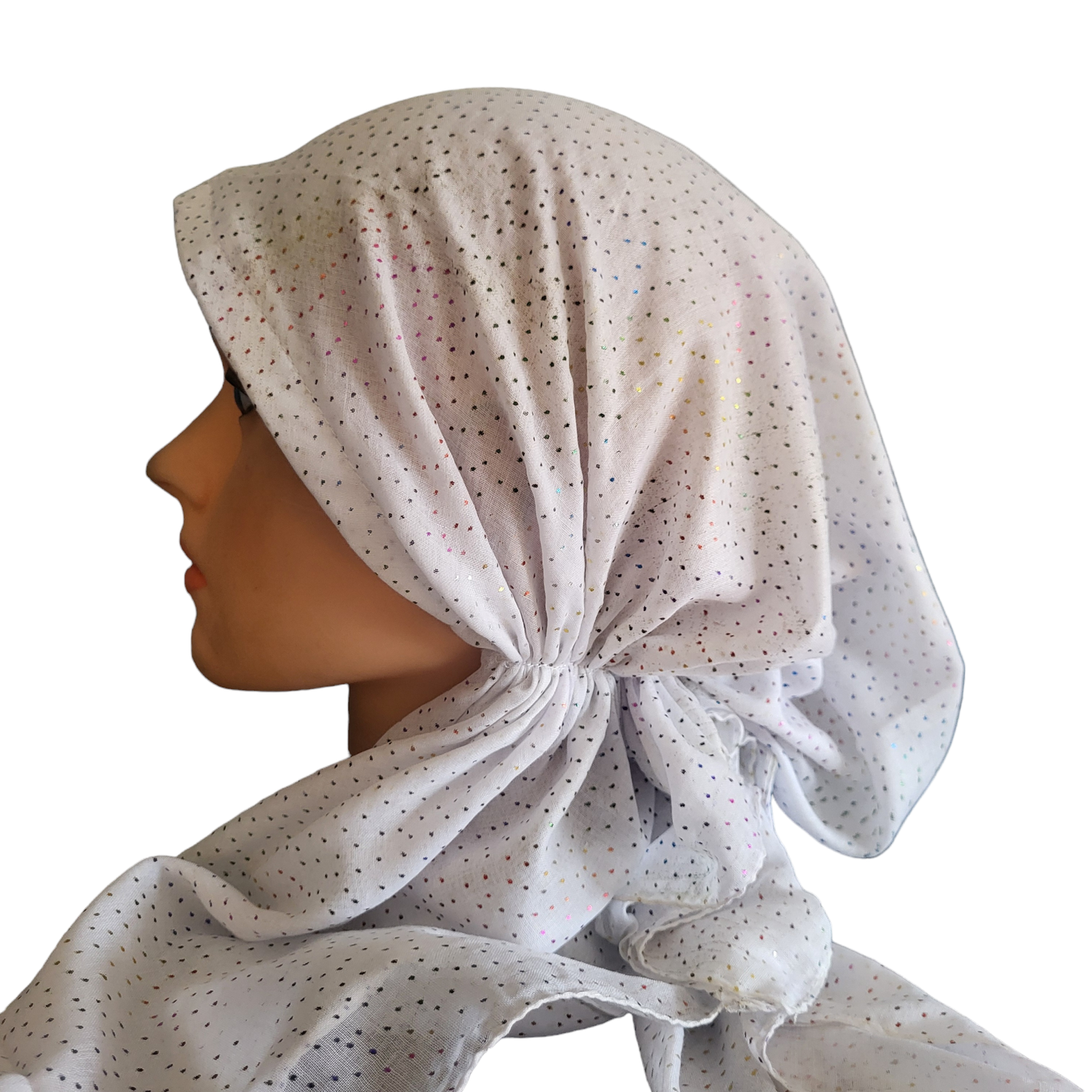 White - colorful metallic dotted pretied tichel