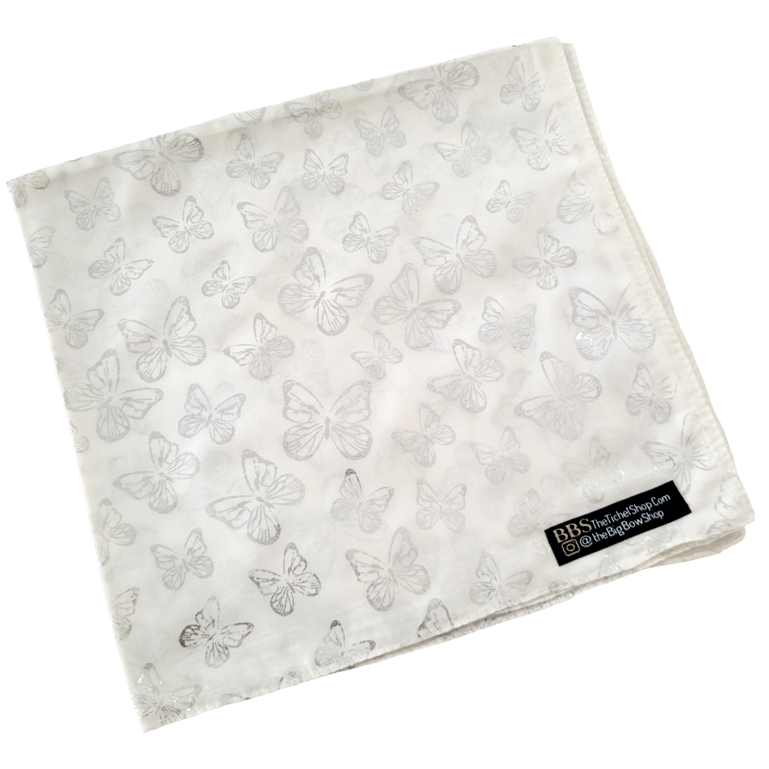 White silver metallic butterflies tichel 
