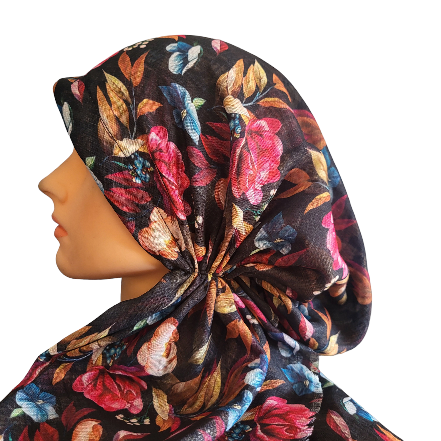 Black pretty floral - soft fringes pretied tichel