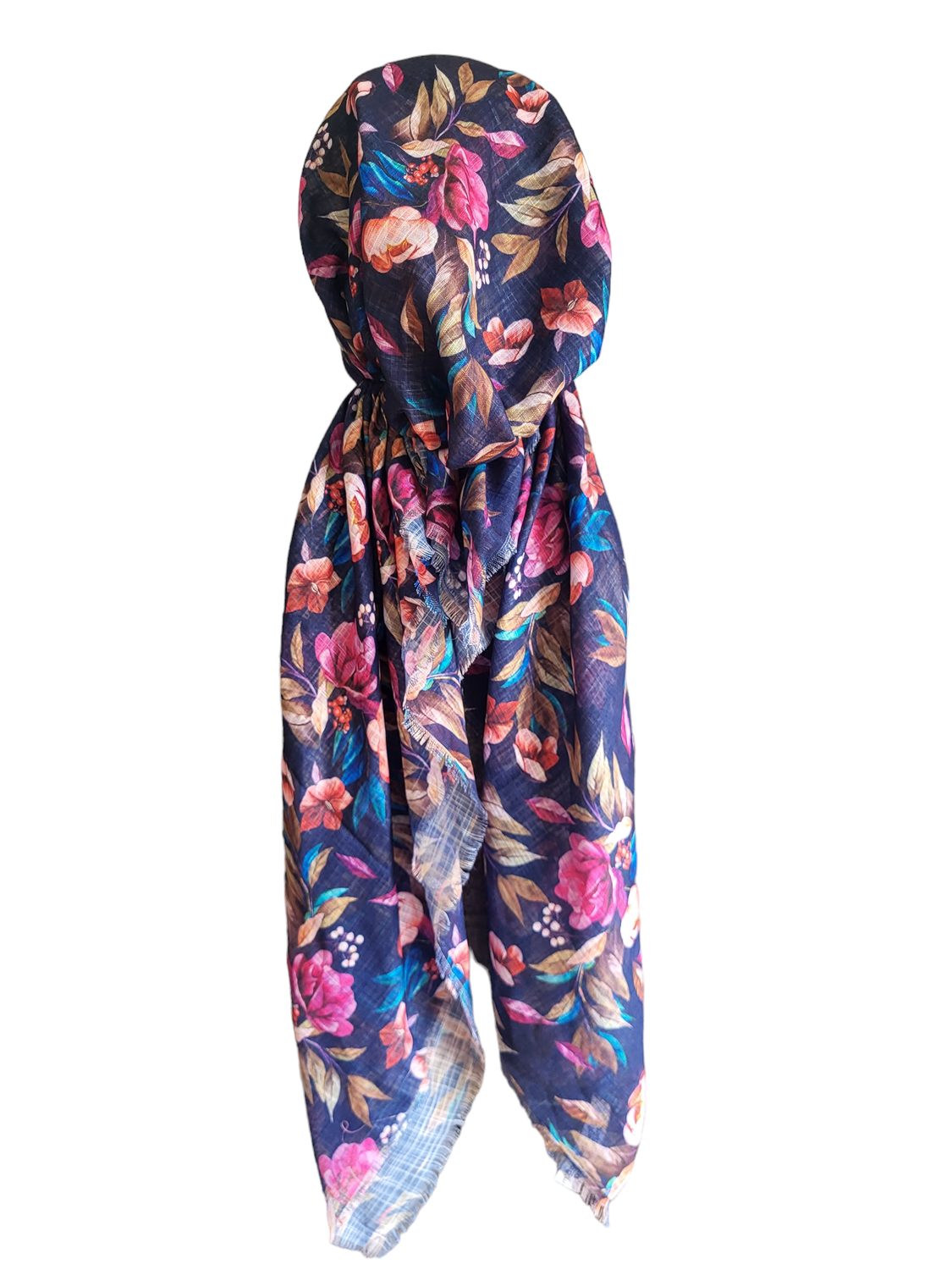 Navy pretty floral - soft fringes pretied tichel
