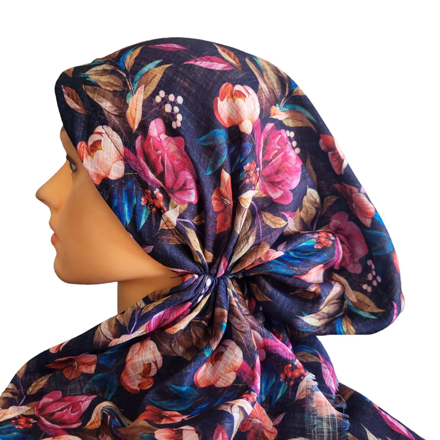 Navy pretty floral - soft fringes pretied tichel