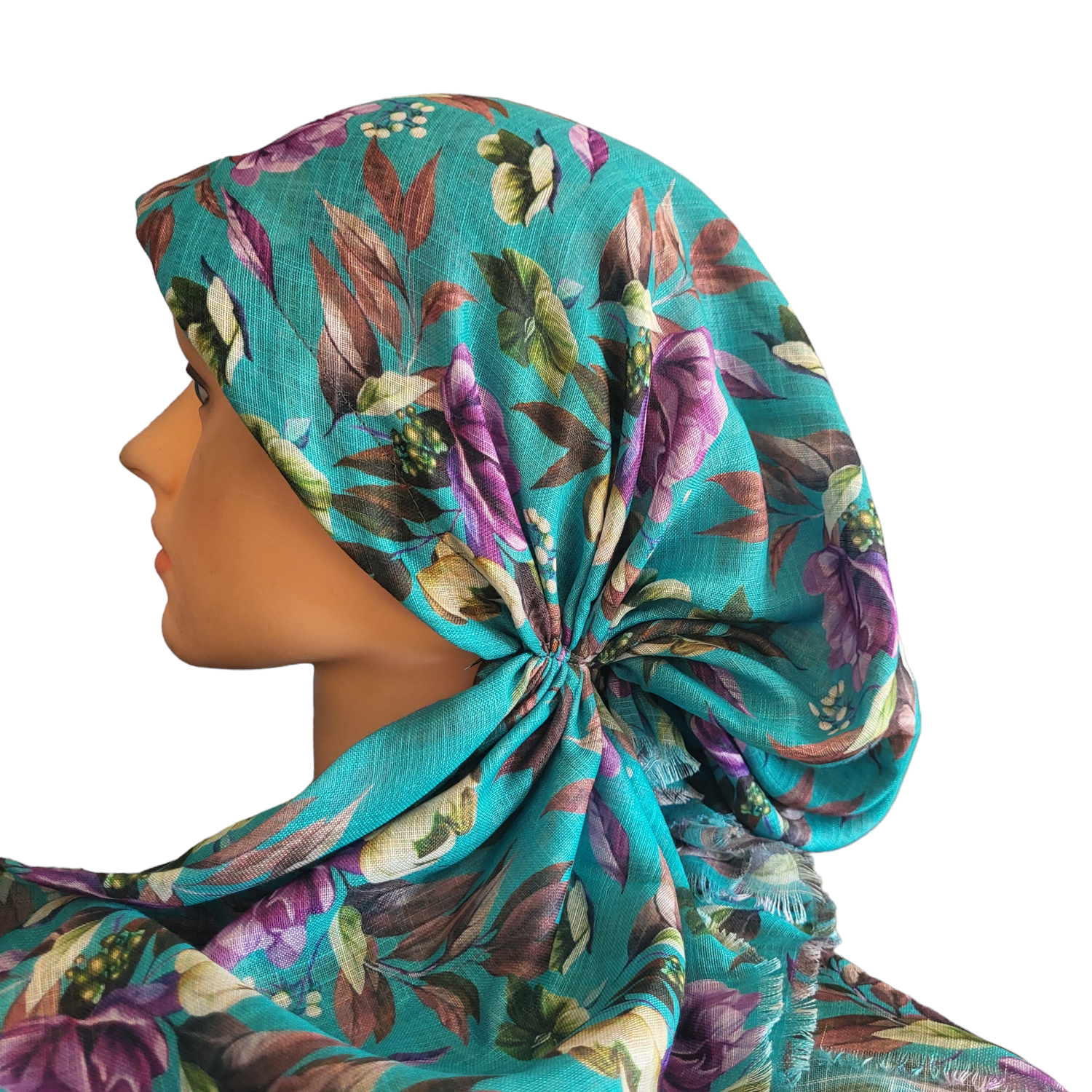 Dark emerald green pretty floral - soft fringes pretied tichel