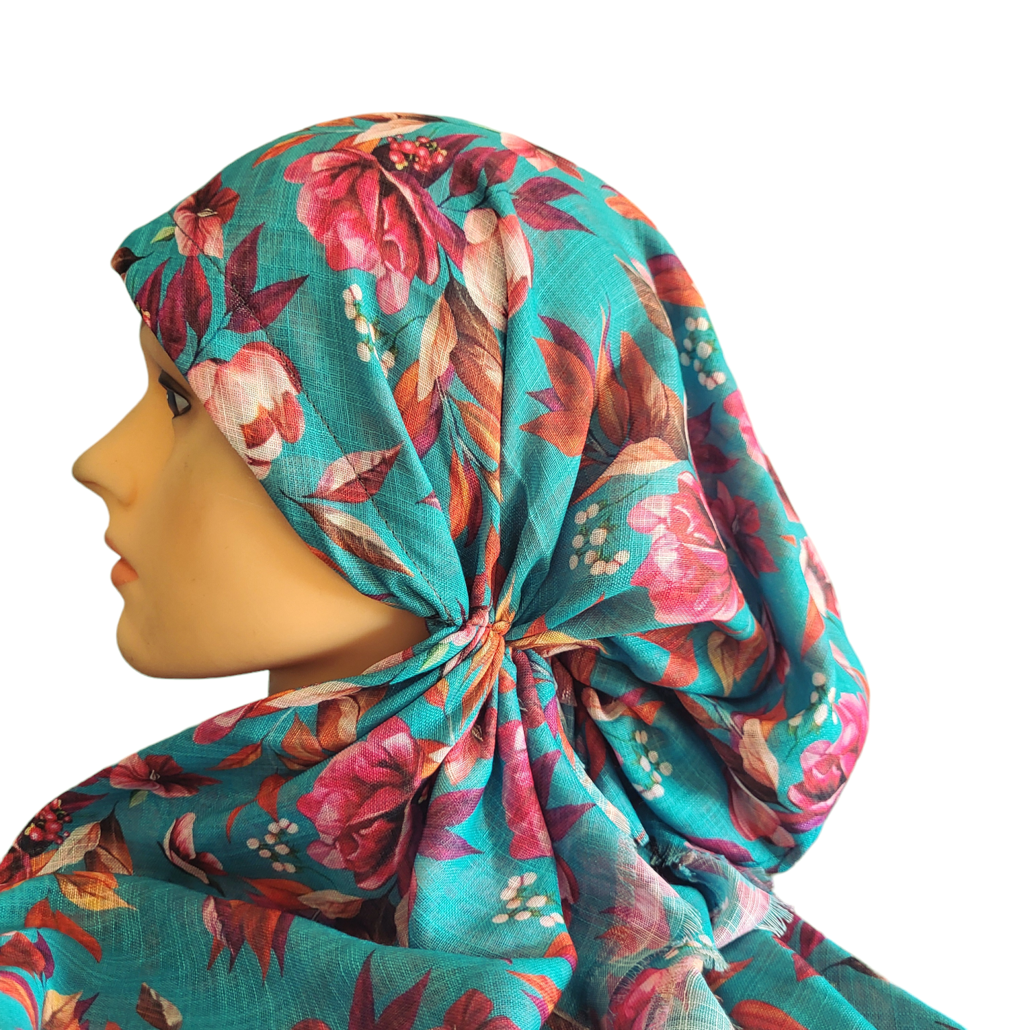 Dark sea green pretty floral - soft fringes pretied tichel