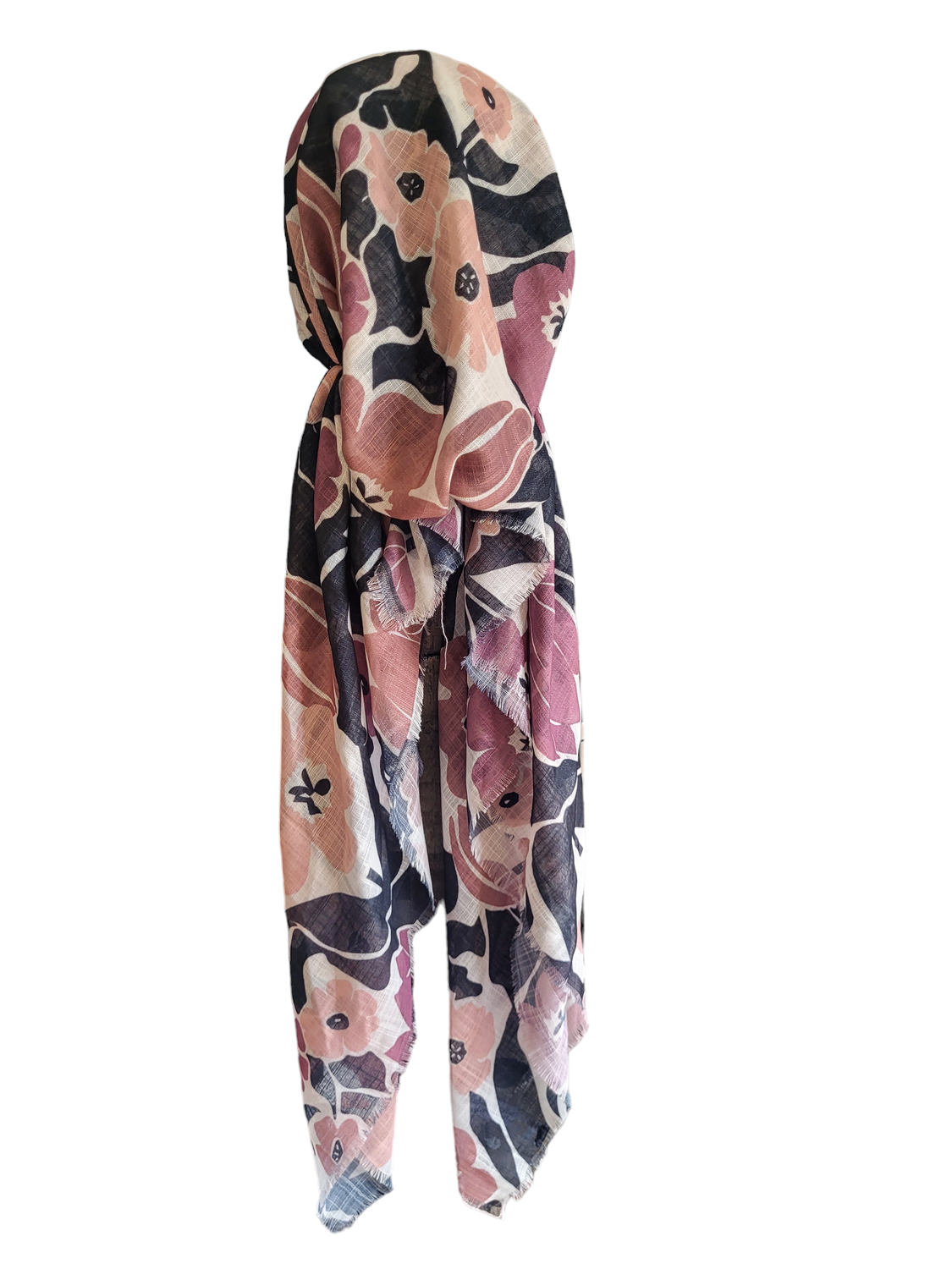 Big flowers brown/pink - soft fringes pretied tichel