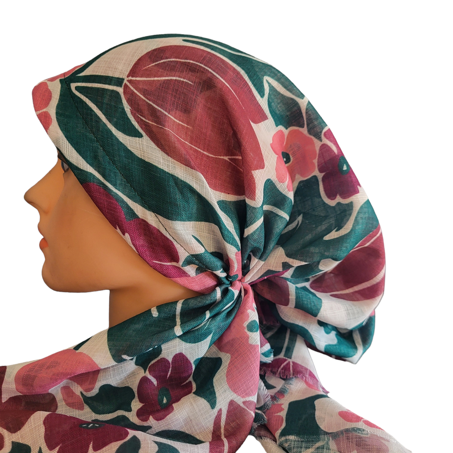Big flowers green/pink - soft fringes pretied tichel