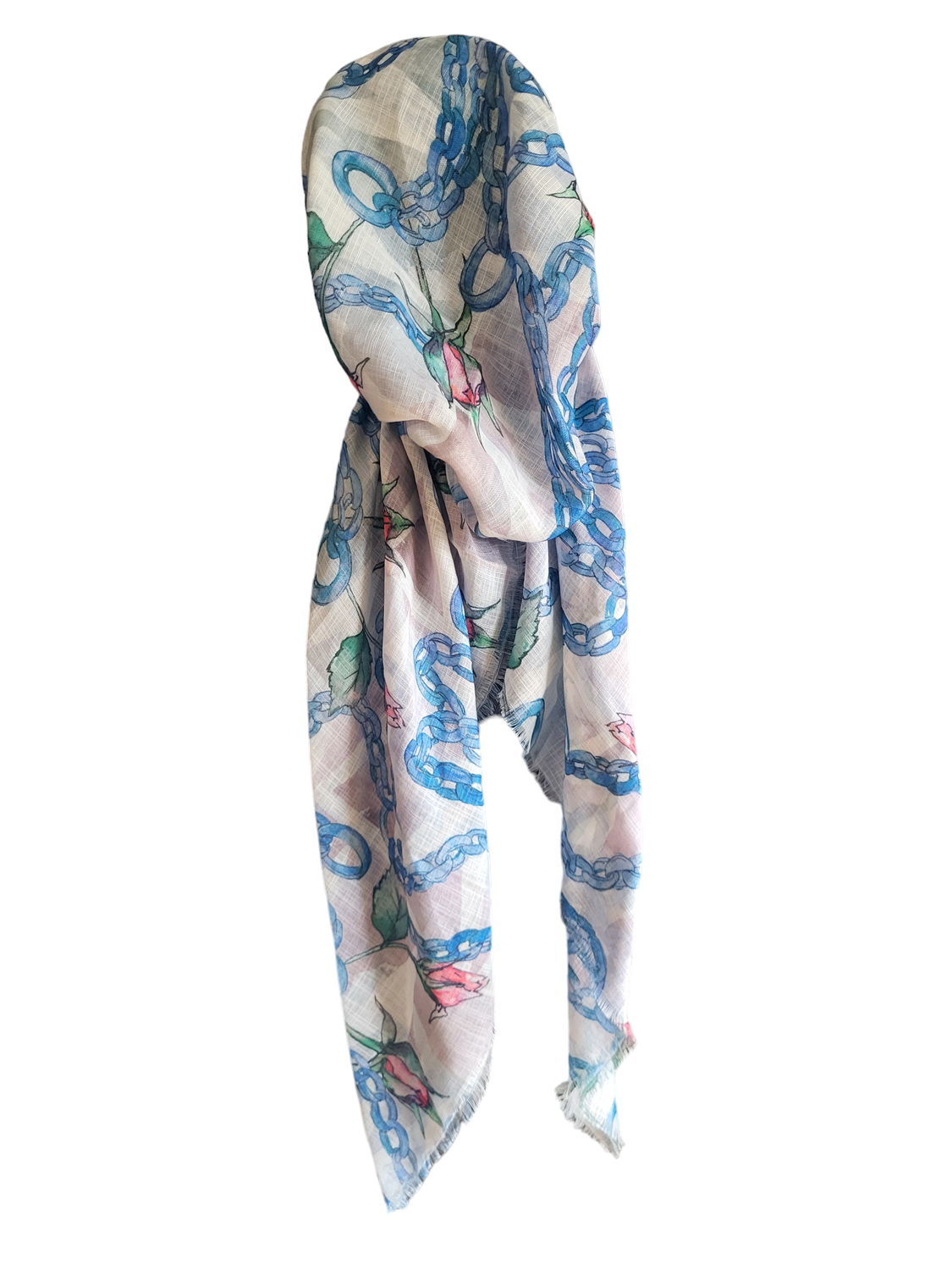 White/blue flowers n' chains - soft fringes pretied tichel