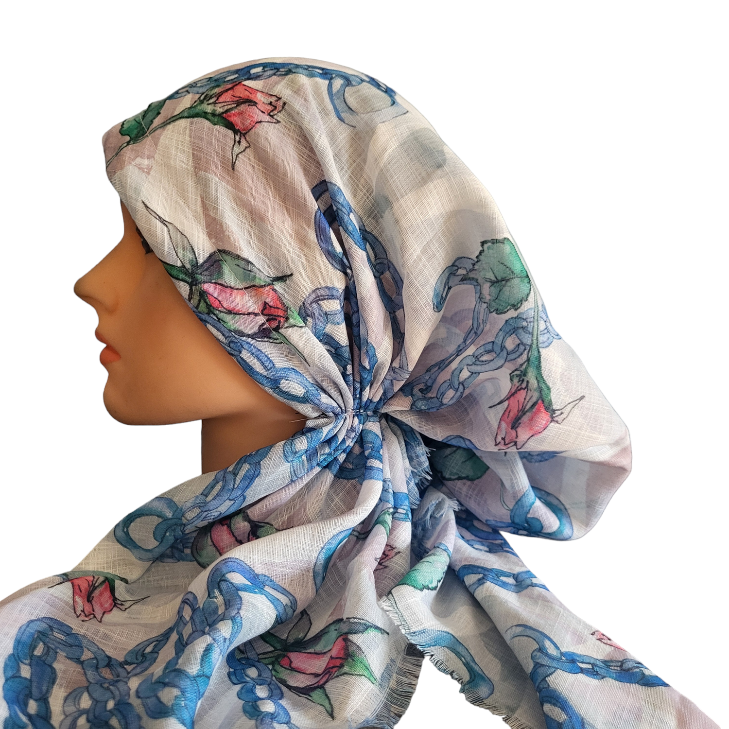 White/blue flowers n&#39; chains - soft fringes pretied tichel