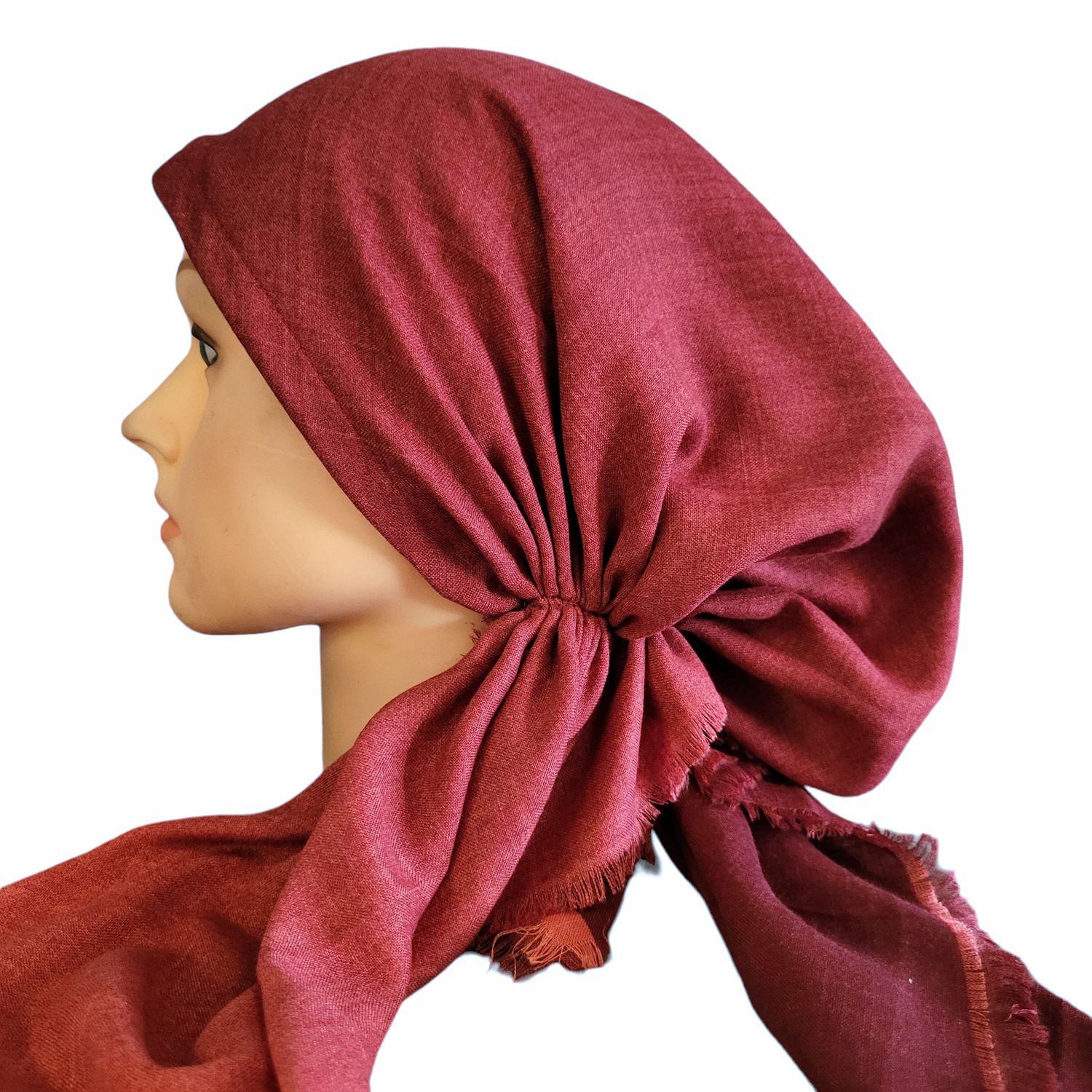 Shades of maroon/red - shaded soft fringes pretied tichel