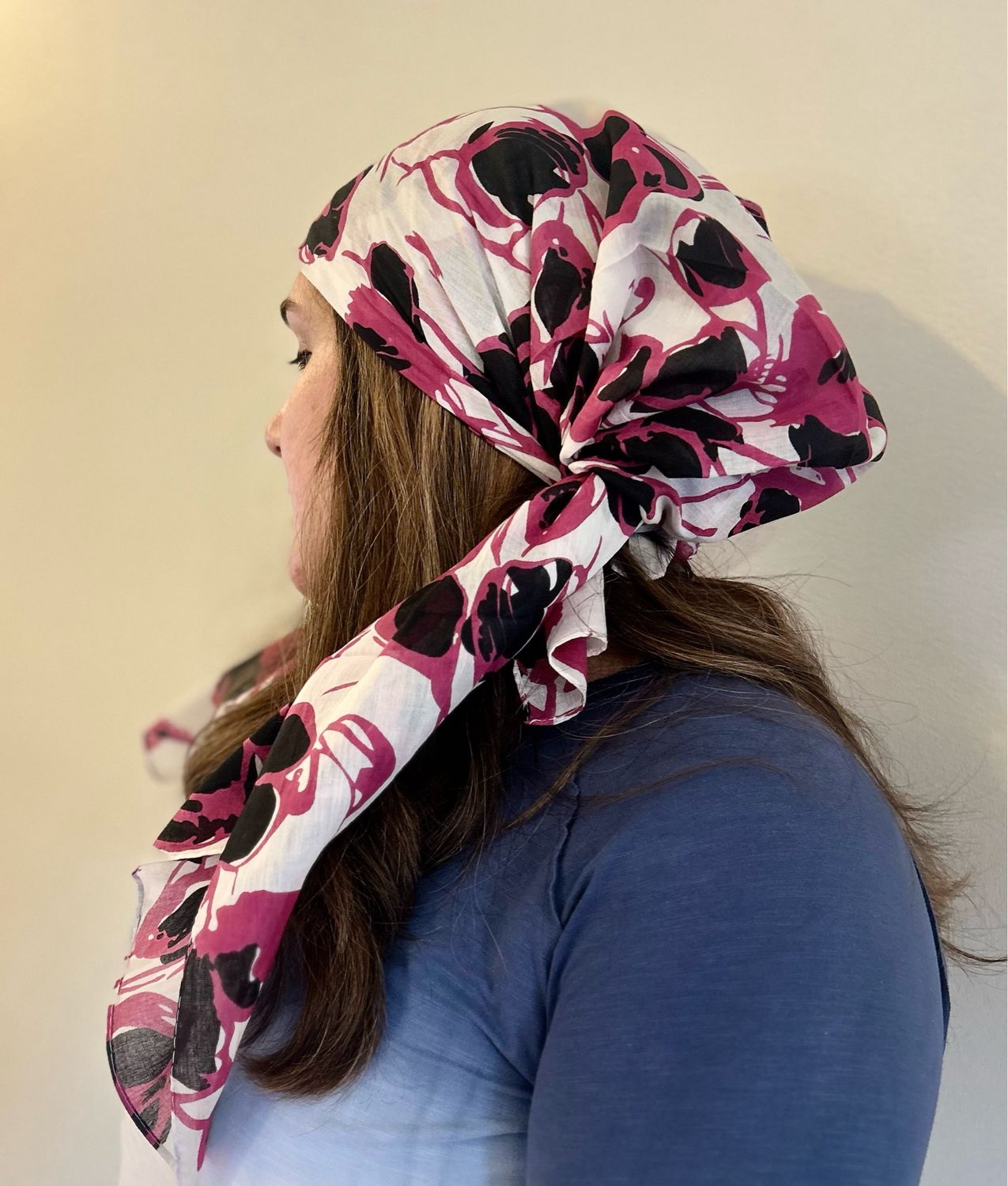 Large flowers super thin cotton tichel - fuchsia