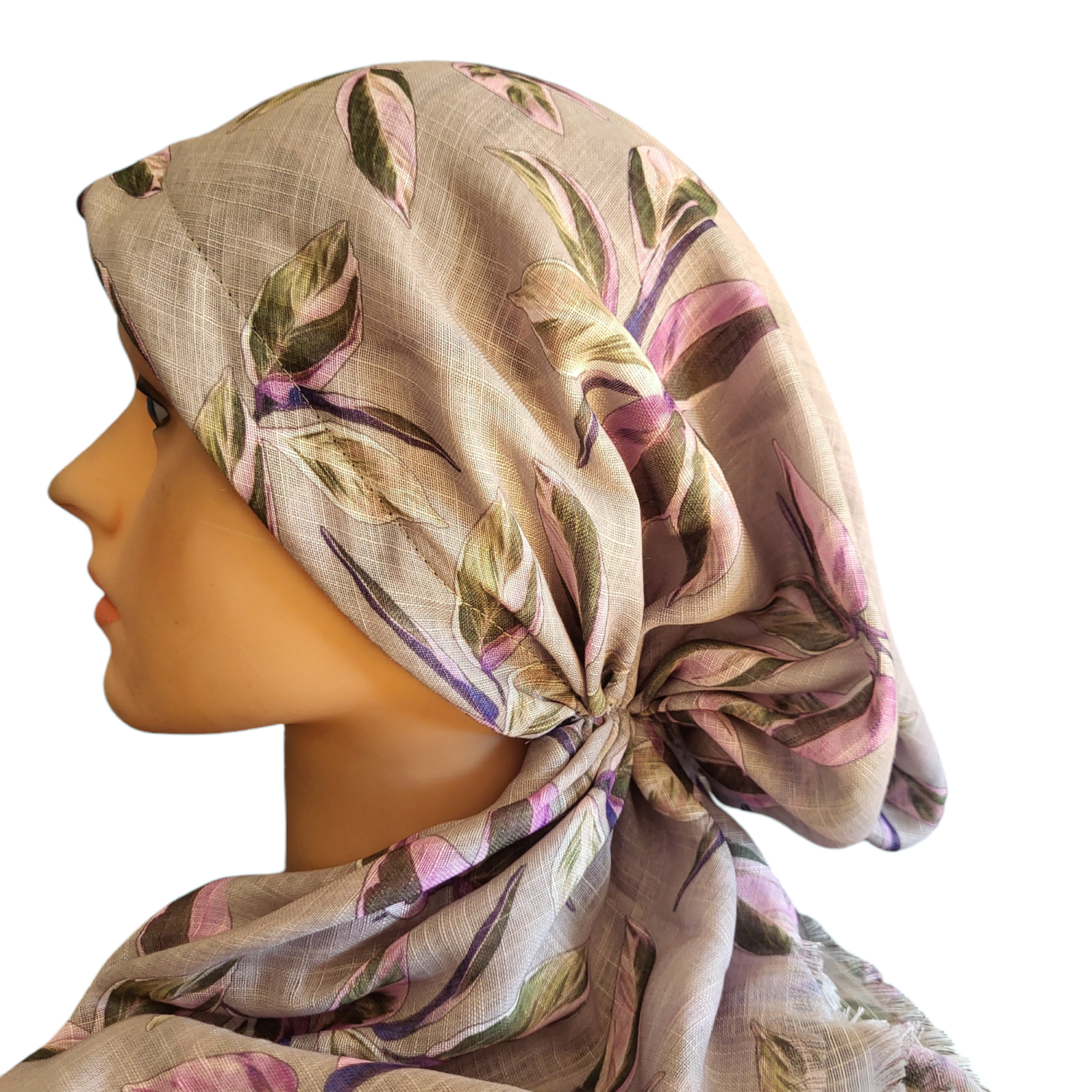 Tan pretty floral - soft fringes pretied tichel