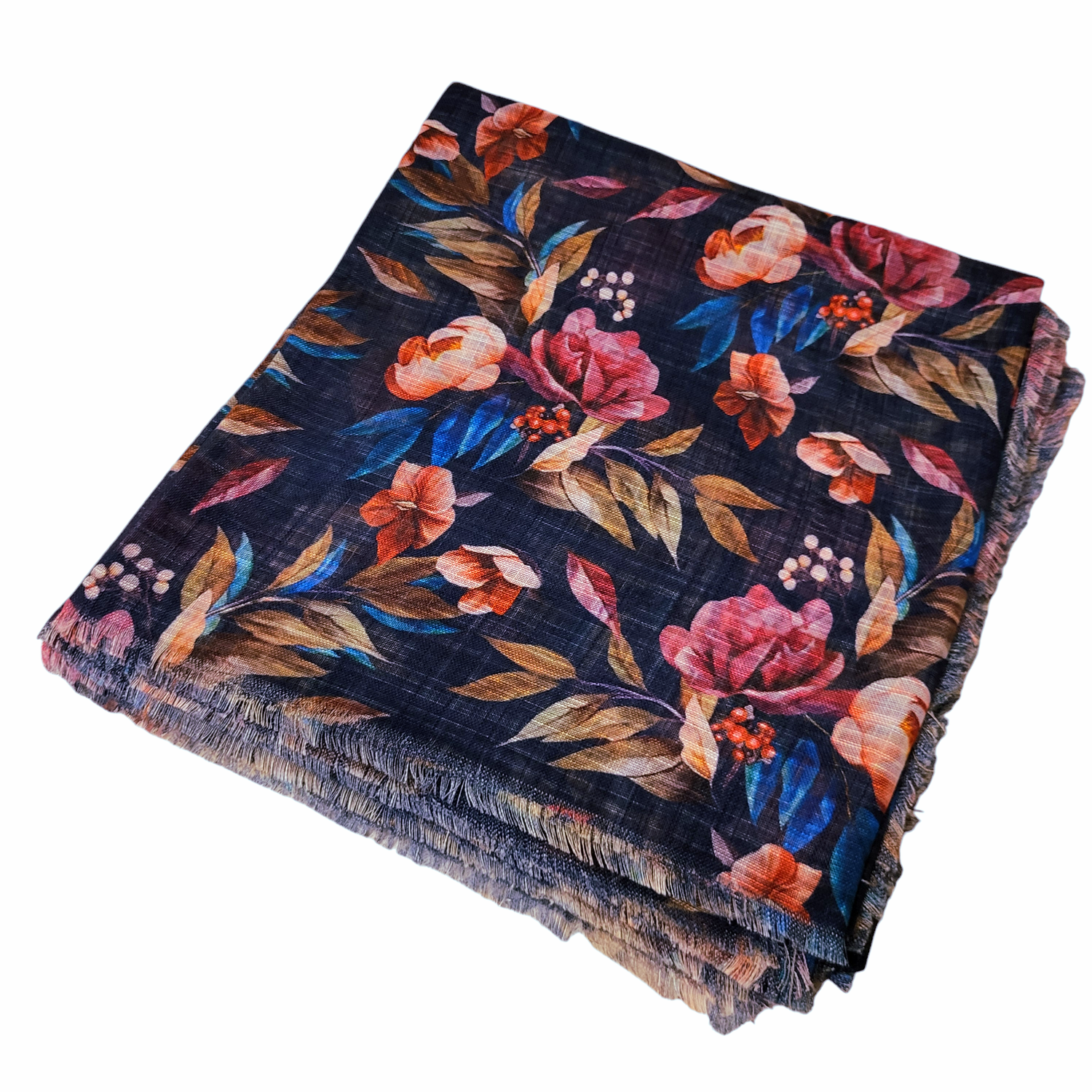 Navy - Soft fringes tichel - pretty floral pattern
