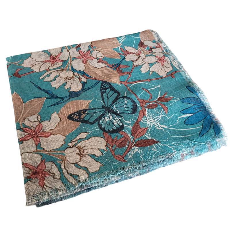 Turquoise - Soft fringes tichel - butterflies &amp; floral pattern