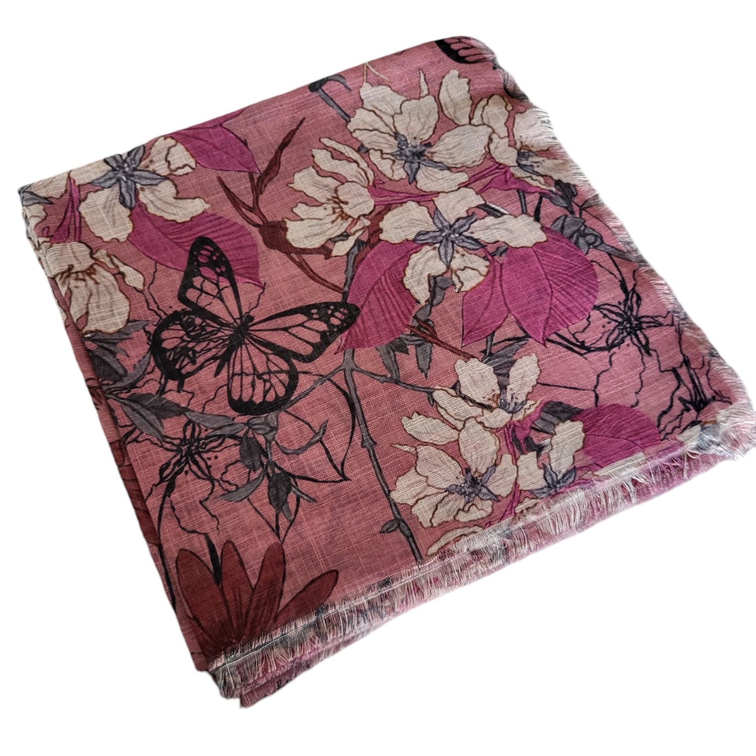 Mauve - Soft fringes tichel - butterflies &amp; floral pattern