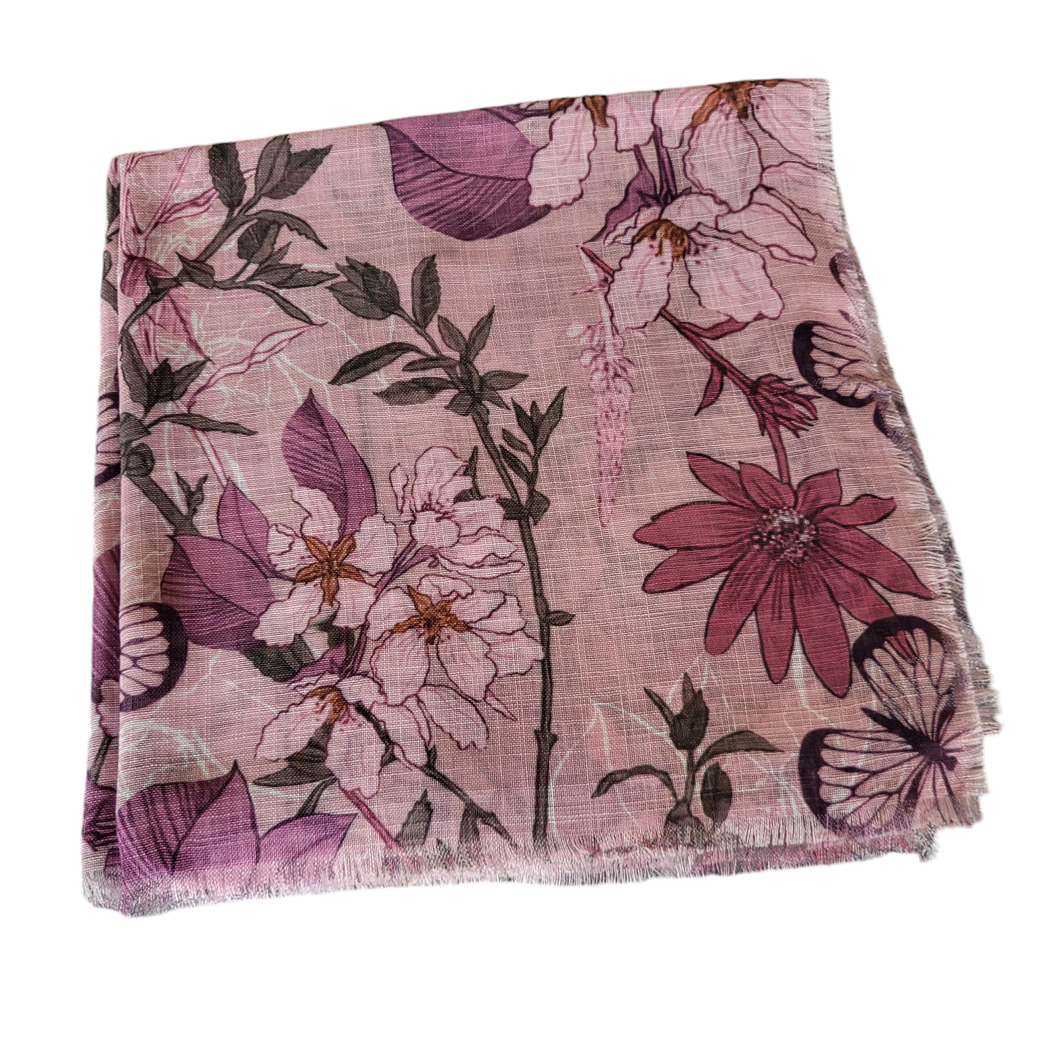 Pink - Soft fringes tichel - butterflies &amp; floral pattern