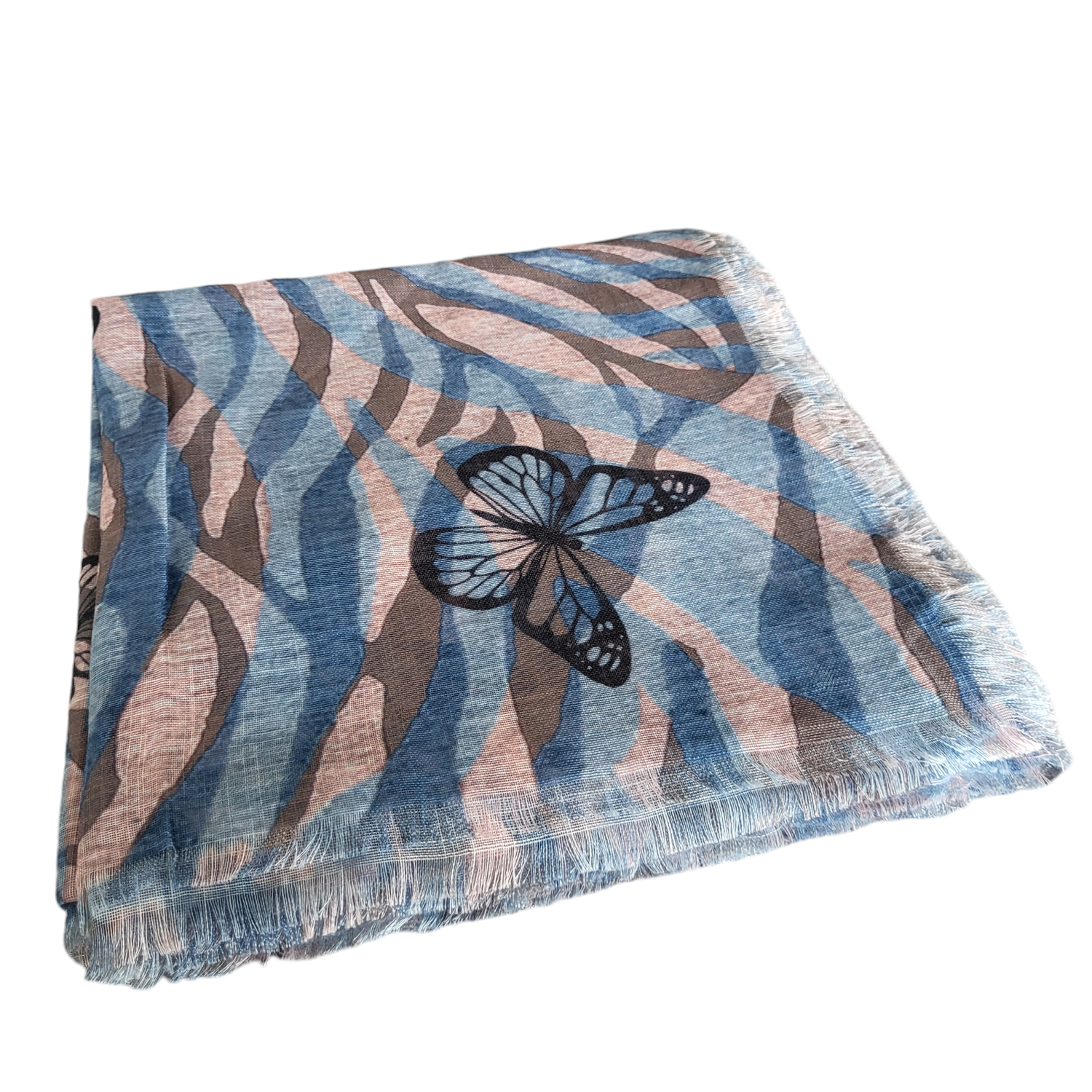 Denim - Soft fringes tichel - waves &amp; butterflies pattern